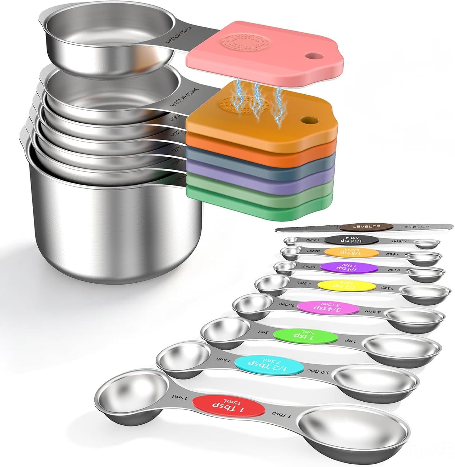 Magnetic Measuring Cups and Spoons Set, 16-Piece Set with Leveler | Strong N52 Magnets, Heavy Duty 304 Stainless Steel, Dual-Sided Design Fits Spice Jars, Easy-to-Read Markings for Cooking