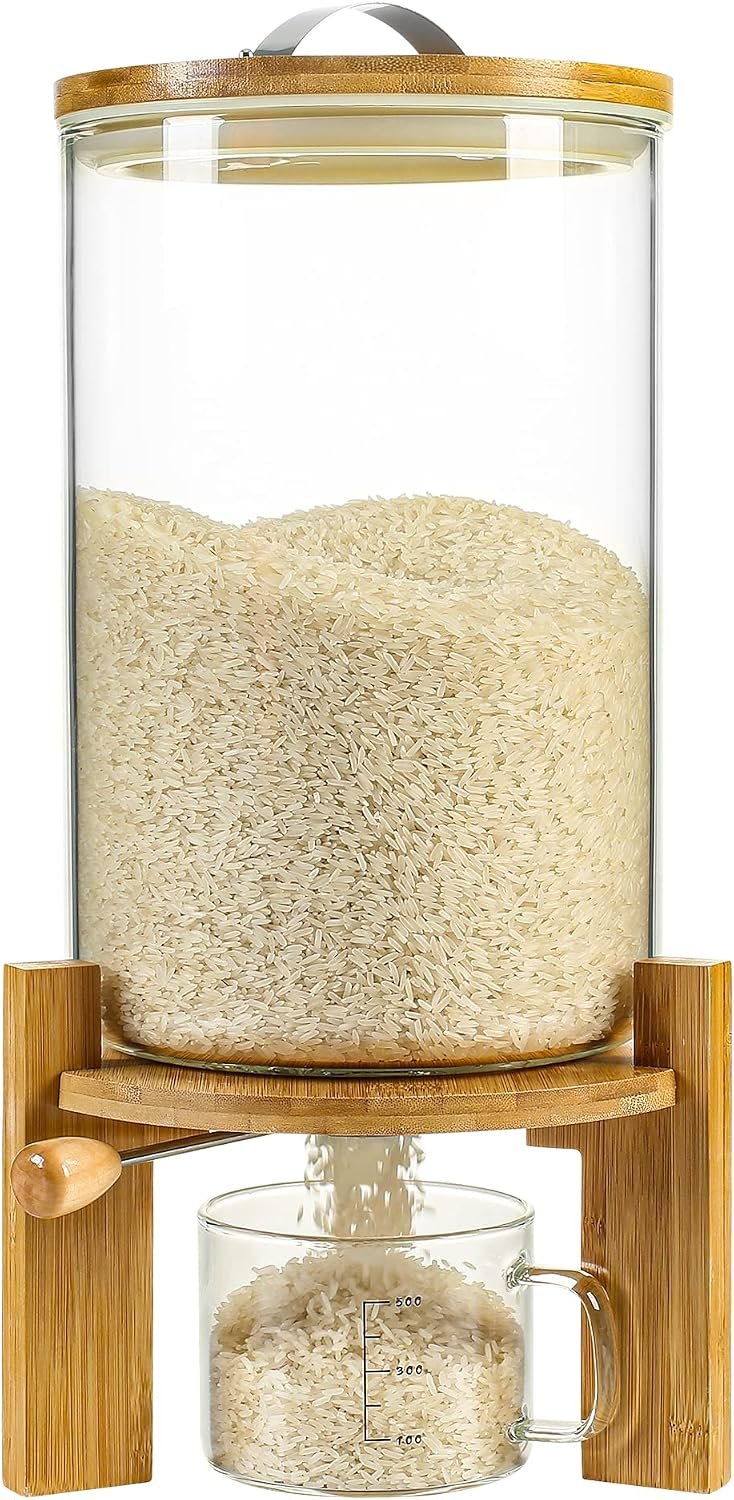 Glass Rice Dispenser, Airtight Rice Storage Container with Measuring Cup | 15Lb Capacity,Easy Dispensing,Convenient Access,Clear Contents Visibility,Wooden Stand Design,Space-Saving Countertop Storage