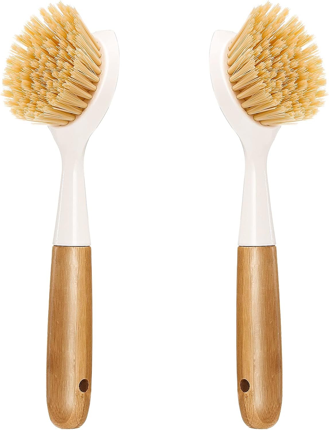 2 Pack Kitchen Dish Brush Bamboo Handle Dish Scrubber Built-in Scraper | Scrub Brush for Pans, Pots, Kitchen Sink Cleaning, Dishwashing and Cleaning Brushes are Perfect Cleaning Tools, White
