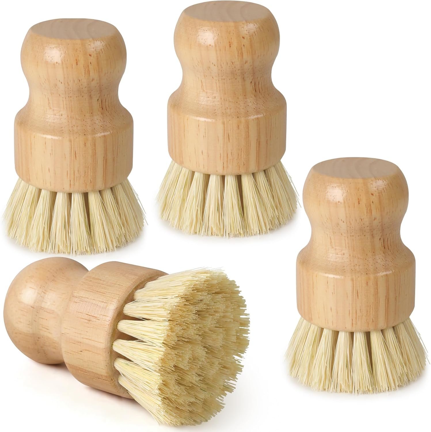 Bamboo Dish Brush, Natural Scrub Brush, 4 Pack Set | Wooden Dish Scrubber | Eco-Friendly Handle | Durable Sisal Bristles | For Dishes, Pots & Vegetables