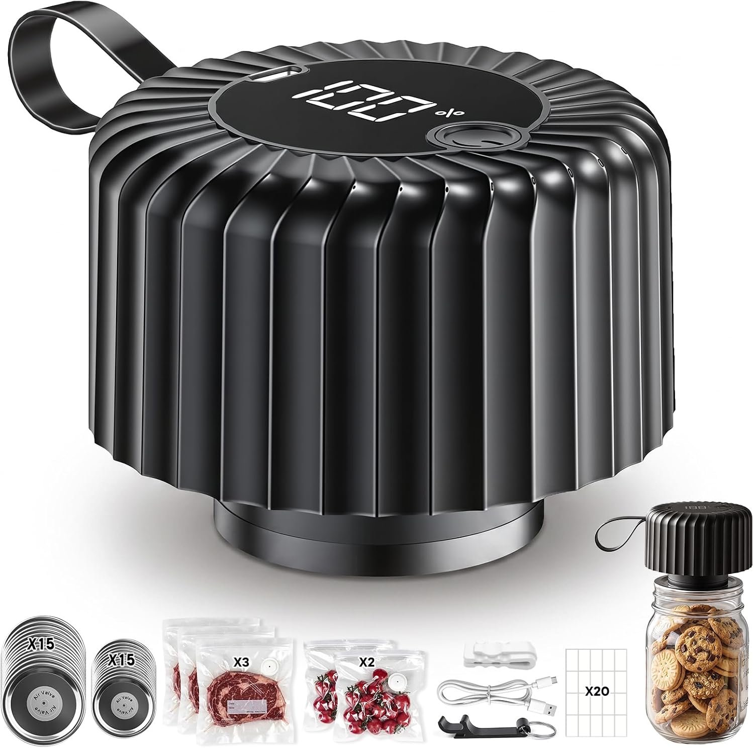 Upgraded Mason Jar Vacuum Sealer Kit, One-Touch Vacuum Sealer for Wide & Regular Mouth Mason Jars and Vacuum Bags, Includes 30 Reusable Lids and 5 Vacuum Storage Bags, Black