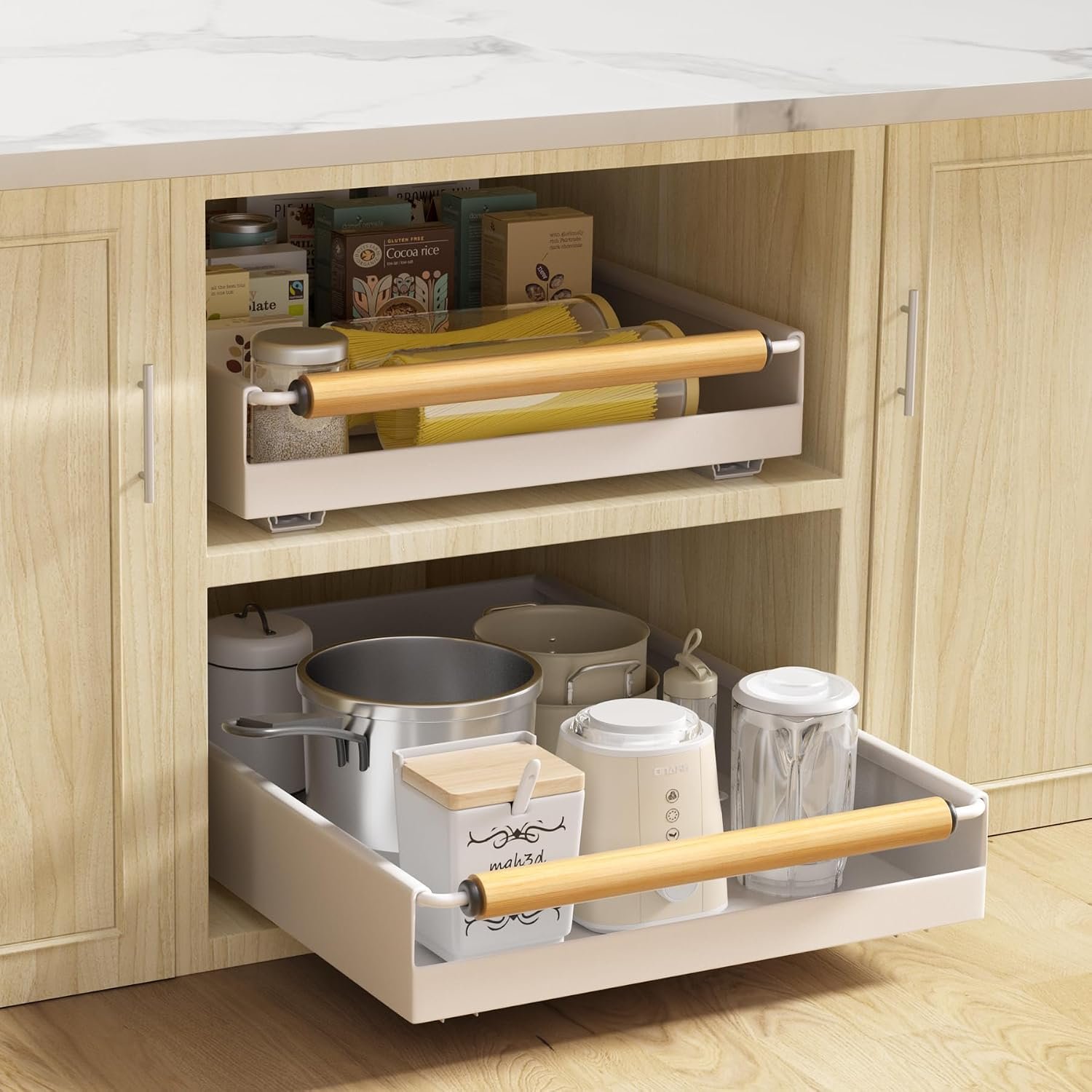 2 Pack No-Drill Pull Out Cabinet Organizer 15.3” Deep Expandable Slide Out Drawers for Kitchen Pantry & Under Sink Storage, Adhesive Nano Film Mount, White