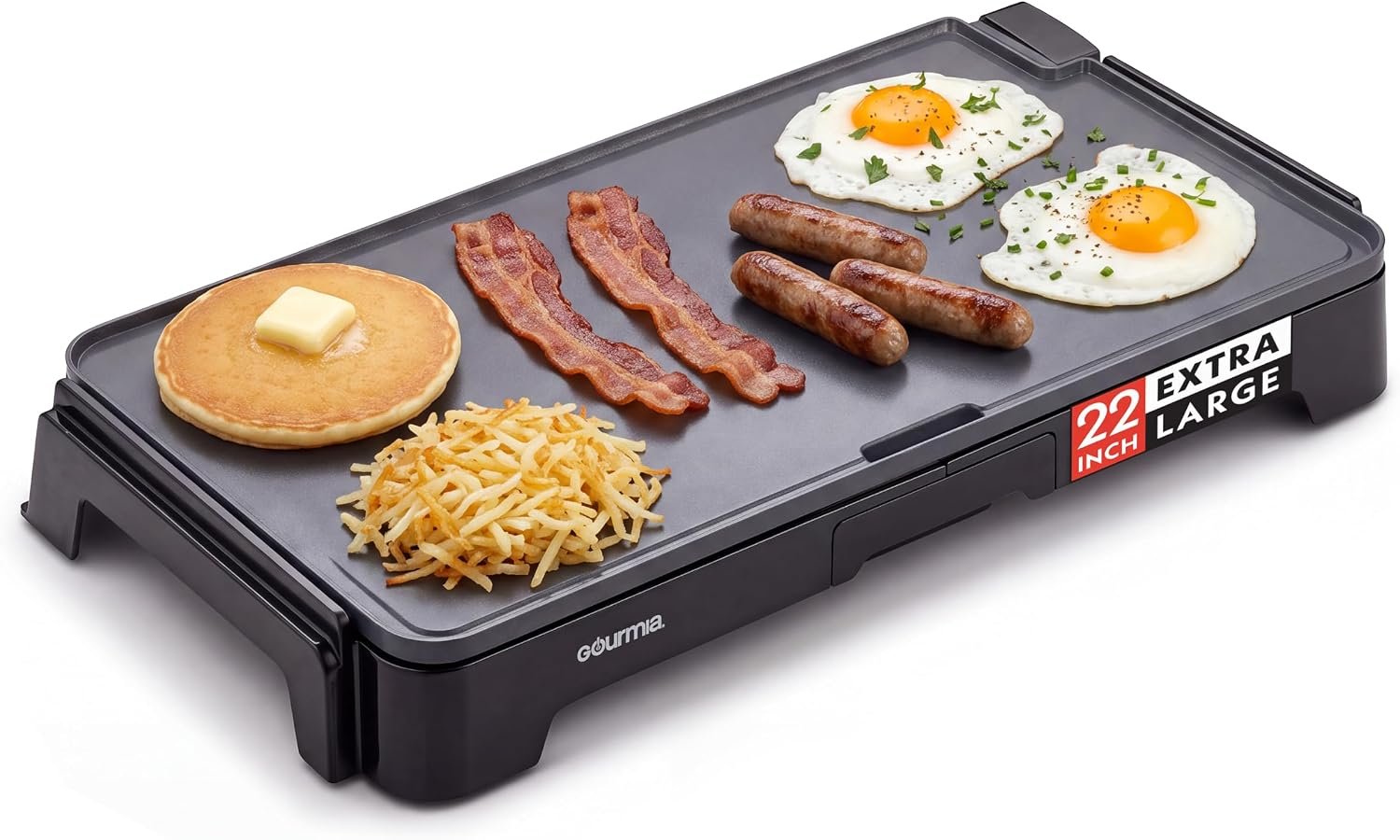 Gourmia 22 Inch XL Electric Griddle Pan – Nonstick Extra Large Flat Top Ceramic Surface, Countertop Cooker, Adjustable 200°F–400°F, Pull-Out Drip Tray, Compact Handle-Free Design