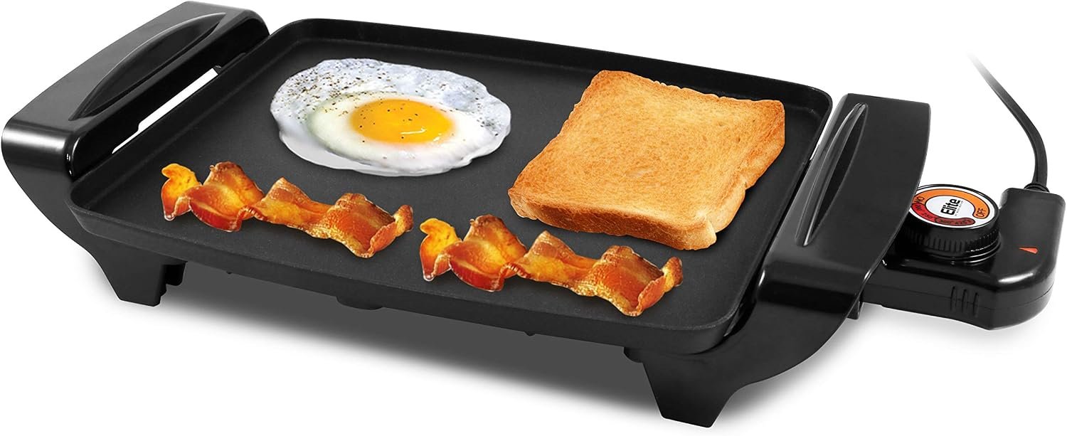 Elite Gourmet EGR-2722B Electric Griddle, Cool-Touch, 10.5″x8.5″ Black | Non-Stick Surface, Removable/Adjustable Thermostat, Skid-Free Rubber Feet, Great for Pancakes, Eggs & Bacon