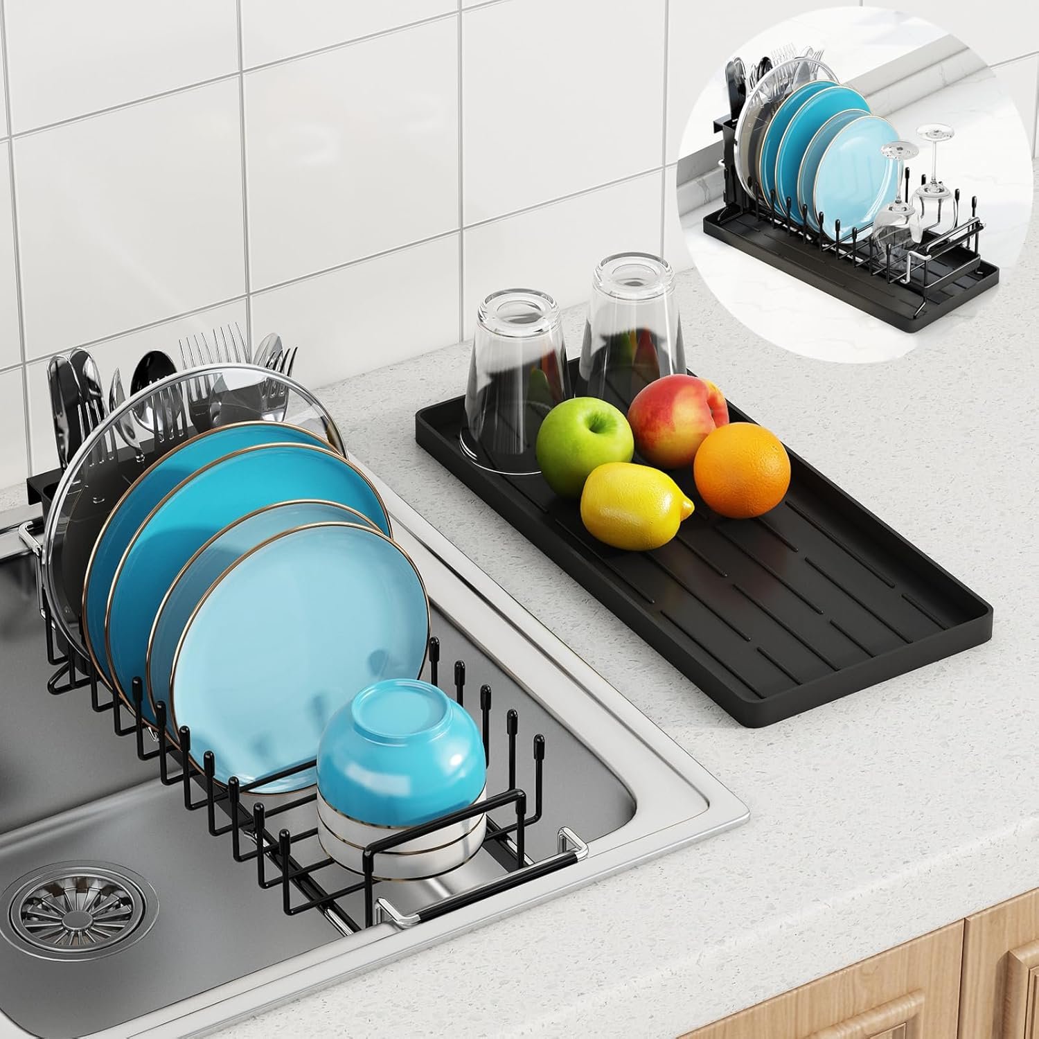 ANTOPY Sink Dish Drying Rack – Expandable Small Dish Rack Over Sinks with Silicone Drying Tray, Dish Drainer for Kitchen Counter with Cutlery Holder, Drying Rack Fit for 14’’-19’’ Kitchen Sink