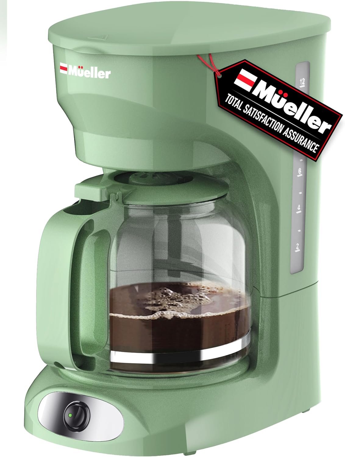 MUELLER HOME 12-Cup Drip Coffee Maker, Green, Borosilicate Carafe | Auto-Off, Reusable Filter, Anti-Drip, Keep-Warm Function, Clear Water Level Window