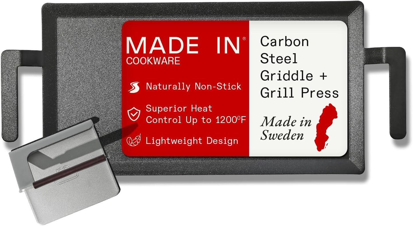 Made In Cookware – Carbon Steel Griddle + Grill Press – Professional Cookware – Crafted in Sweden – Induction Compatible
