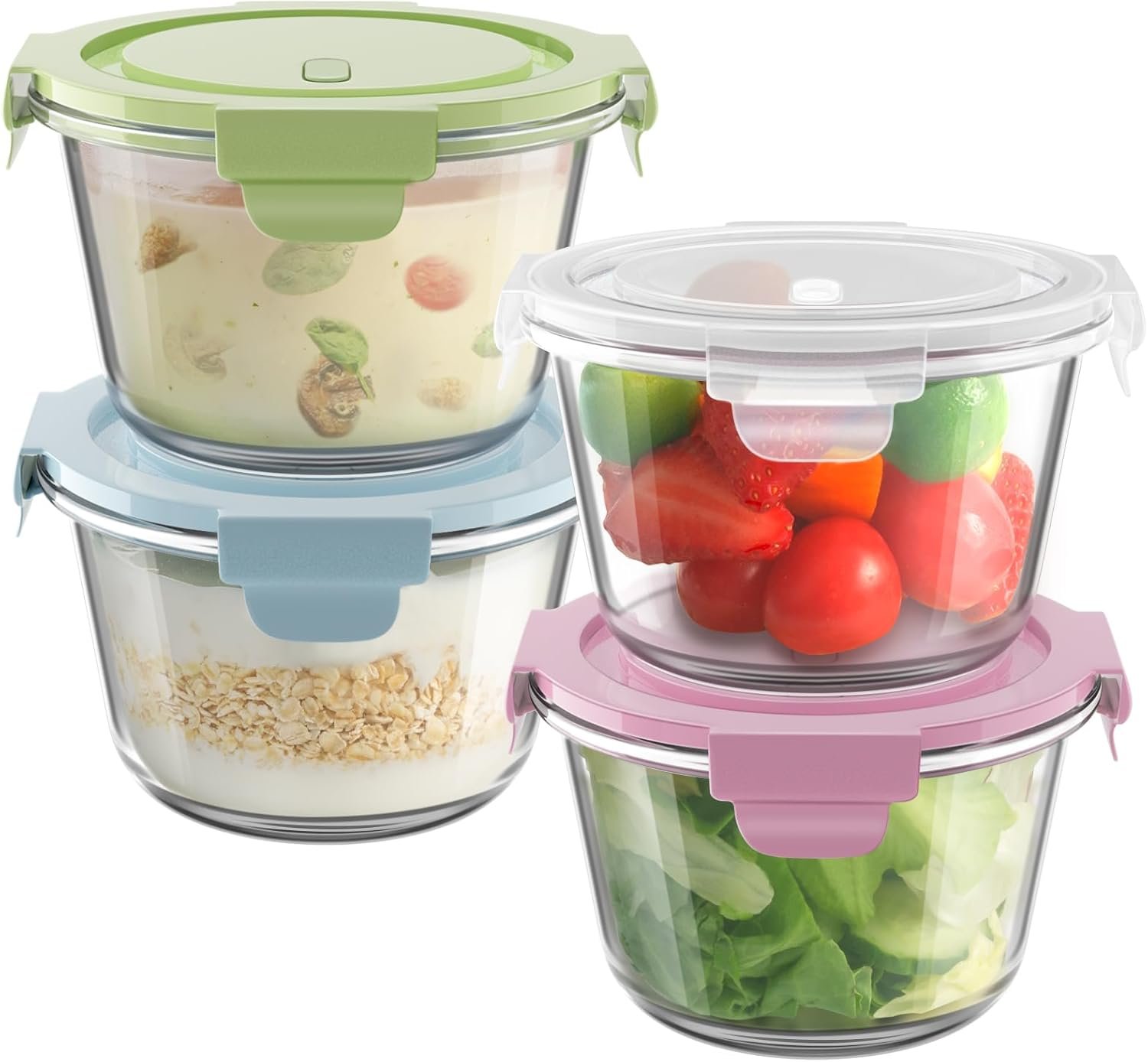 2Cup/16oz Glass Food Storage Containers with Lids, Meal Prep Containers | 4 PACK丨Airtight丨Air Vent Lid丨Borosilicate Glass丨Heat-Resistant丨Food Grade丨BPA-Free丨Microwave Dishwasher&Freezer Safe丨Round