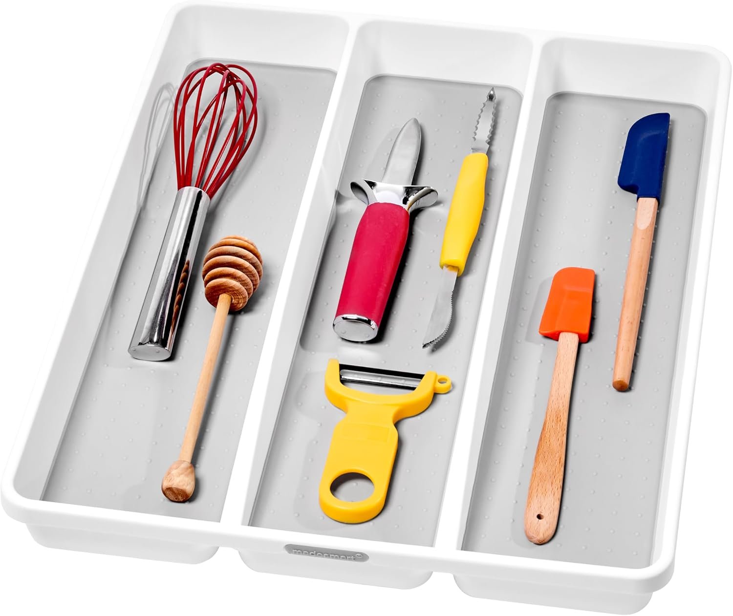 madesmart Classic 3 Compartment Kitchen Tool Tray, White | non slip feet, rounded corners, soft grip lining, wide channels, spatulas whisks tongs, ladles serving spoons, woman owned