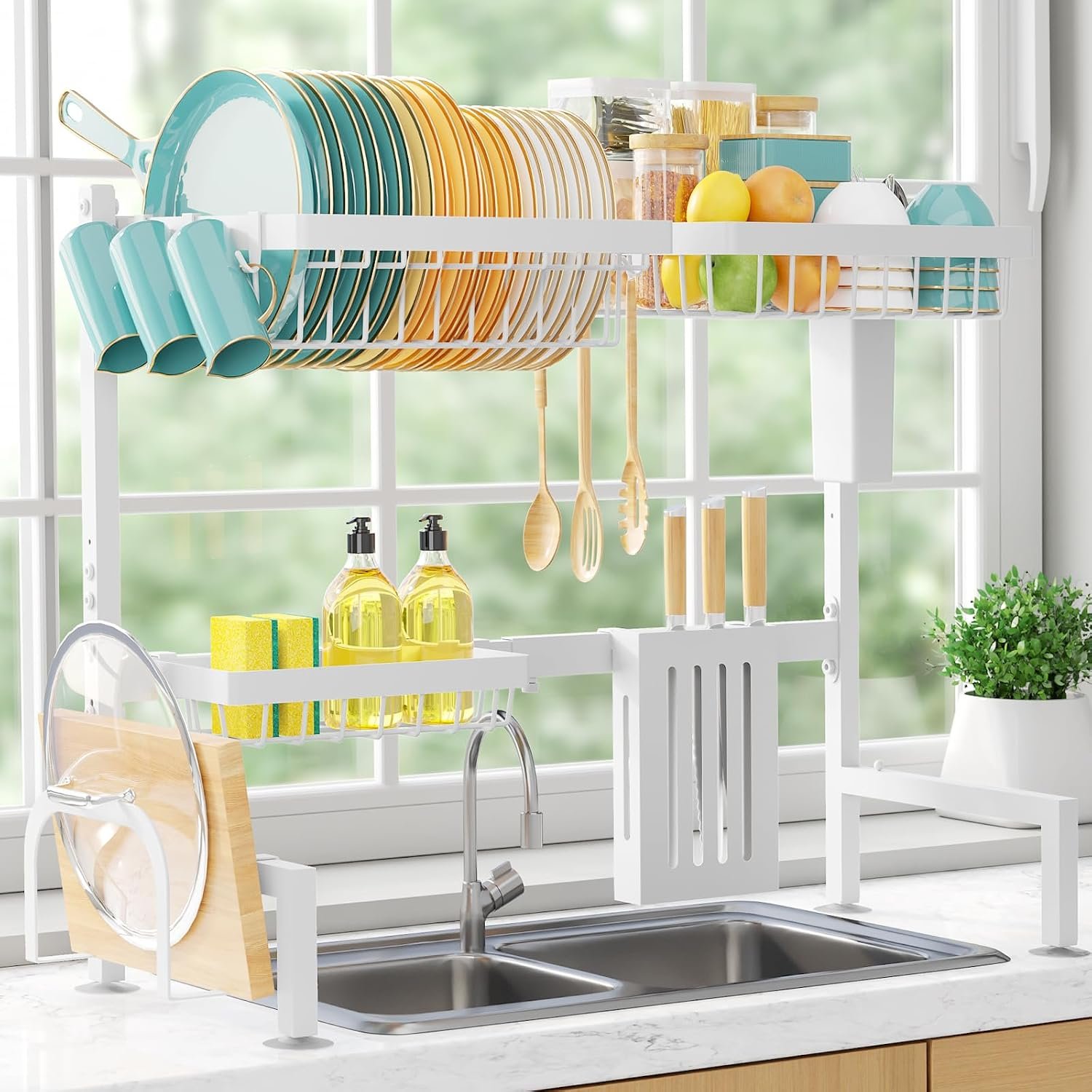 Sakugi Over The Sink Dish Drying Rack – Adjustable 2 Tier Large Capacity Stainless Steel Drainer with Cutlery & Utensil Holders, Kitchen Storage & Organization, 30″-33.9″ L x 11″ W x 21.5″ H, White