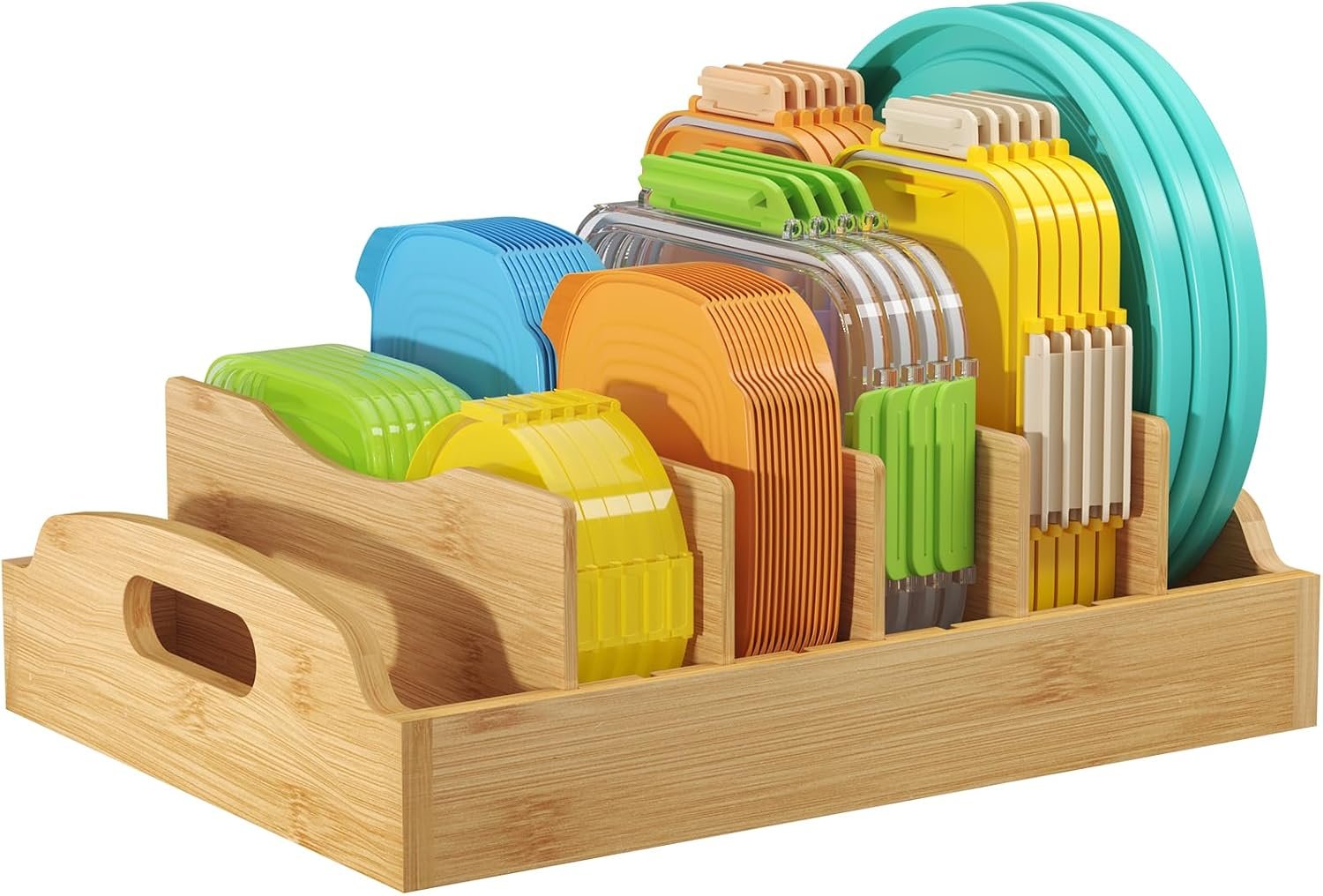 Lifewit Bamboo Lid Organizers for Inside Cabinet, Food Storage Container Lid Holder with 5 adjustable Inserts & 6 Sections, Kitchen Pantry organizer and storage, Large, 13.2″ x 10″/34 x 25cm