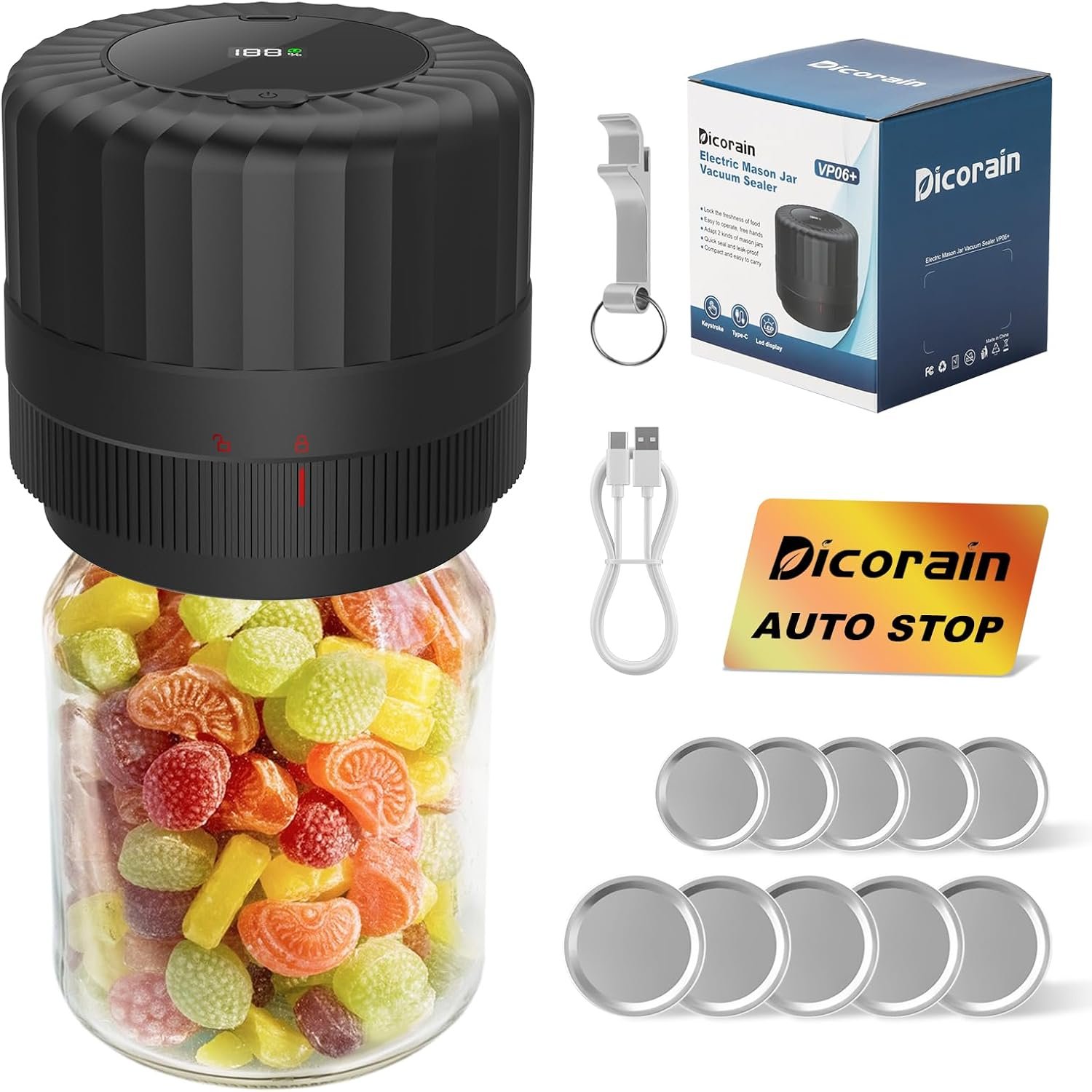 Mason Jar Vacuum Sealer, VP06+ | Electric Cordless Automatic Jar Vaccum Sealer Kit for Wide and Regular Mouth Mason Jars with Opener, 5 Pairs of Lids