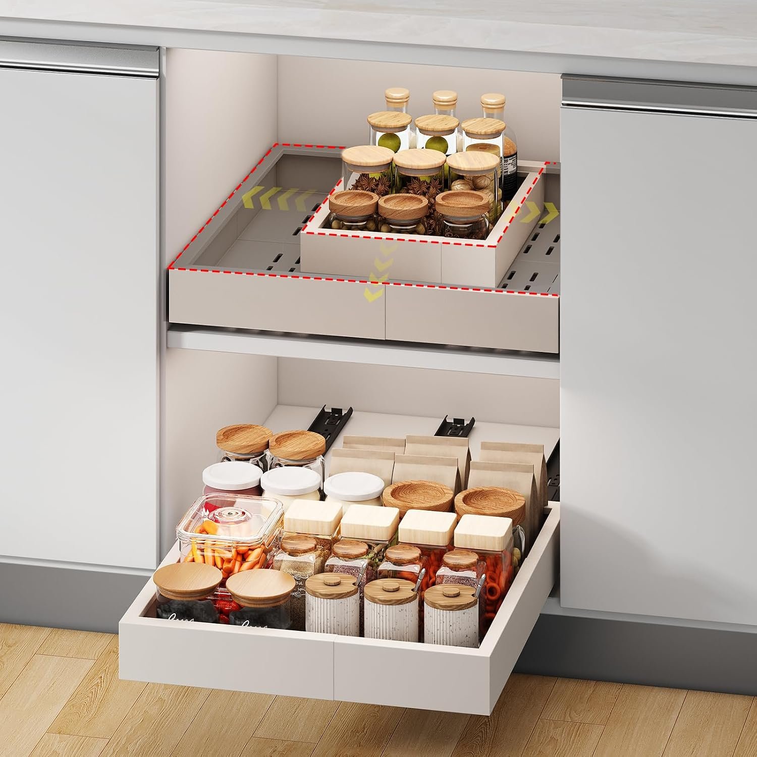 Pull out Cabinet Organizer,Width (11″-16″) and Depth (17″-24″) Expandable With 3 Rails,No Drill Adjustable Slide out Drawers for Kitchen,Pantry,Adhesive Roll out Shelves,for Cabinets Without Lip,White