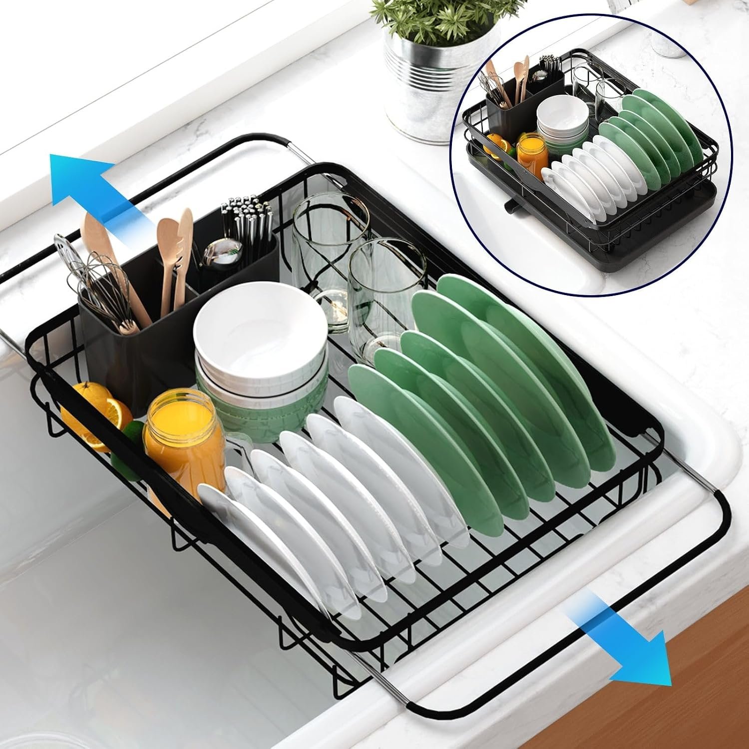 Kitsure Dish Drying Rack for Kitchen Counter, 12.2”W x 15.7”~23”L, Black | Stainless Steel Sink Organization, Cutlery Holder, Home and Appartment Decor