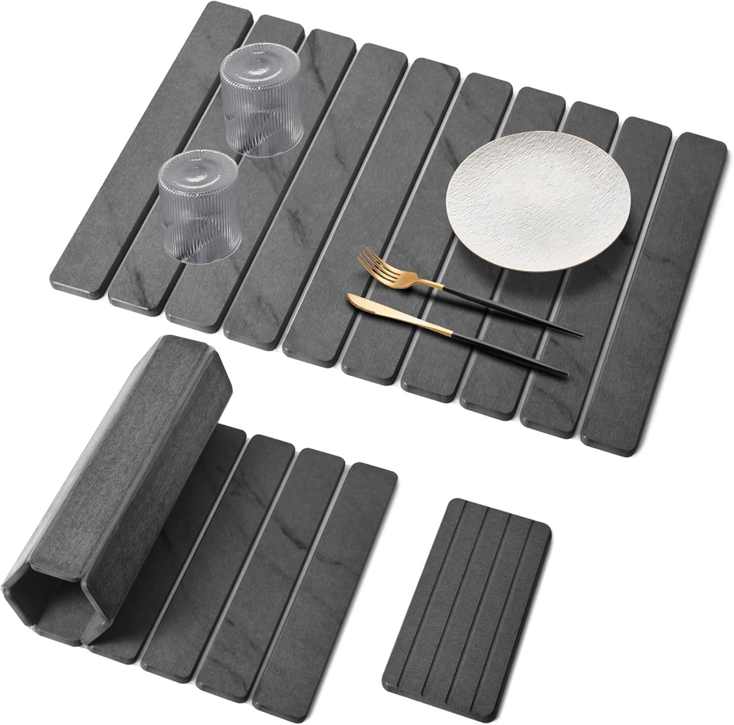 Large Stone Dish Drying Mat for Kitchen Counter, Quick Dry Dish Drying Mats, Foldable Absorbent Diatomaceous Earth Mats for Plate Rack Bottles Cups, Match Any Countertop (Gray Marble 24″×16″ & 8″x4″)