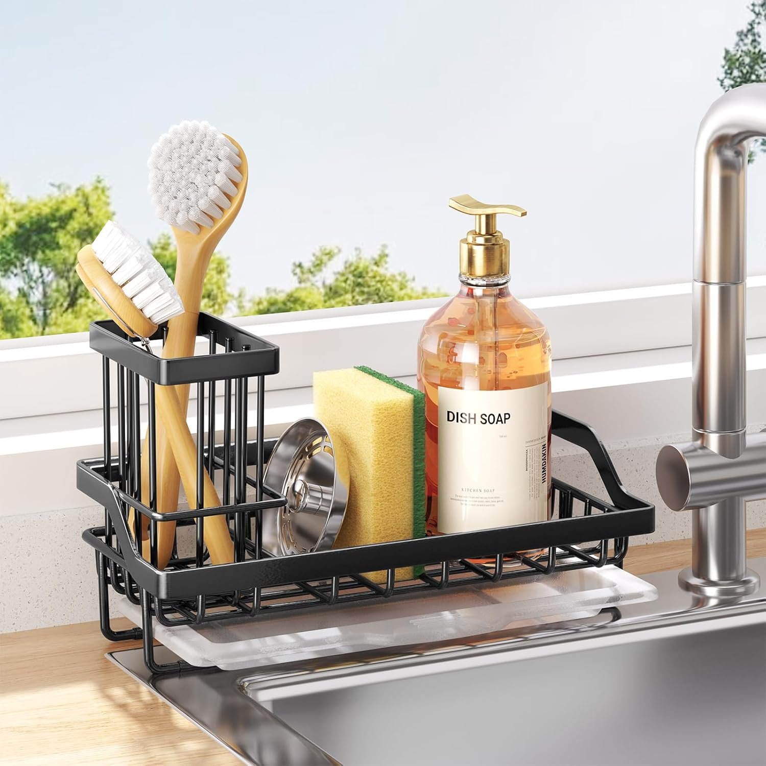 Consumest Sponge Holder for Kitchen Sink – Kitchen Sink Caddy Organizer with Removable Drip Tray for Countertop Dish Soap Dispenser Brush Storage Accessories 304 Stainless Steel – Black
