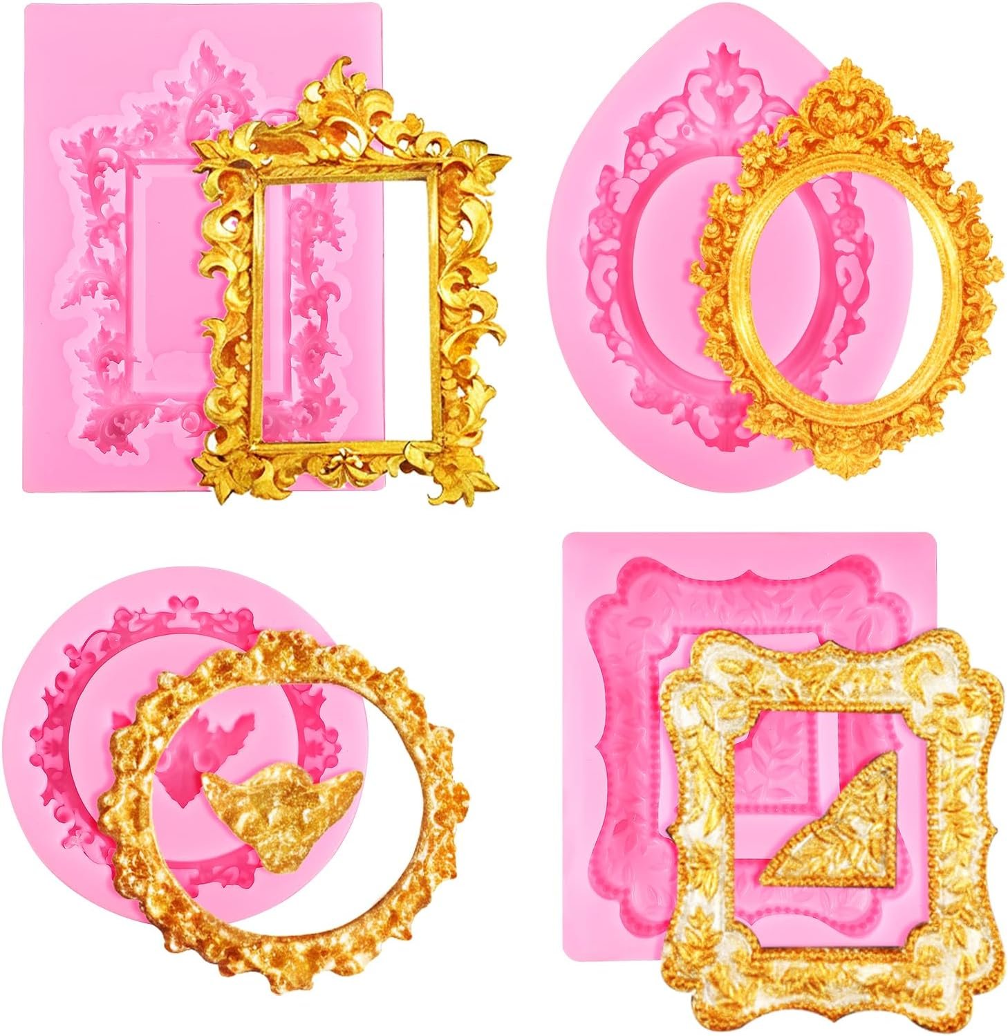 JJUNW 4 Pcs Photo Frame Silicone Molds, Baroque Style Air Dry Clay Molds, Mini Frame Molds Silicone for Cupcake Topper Cake Decoration Chocolate Candy Polymer Clay
