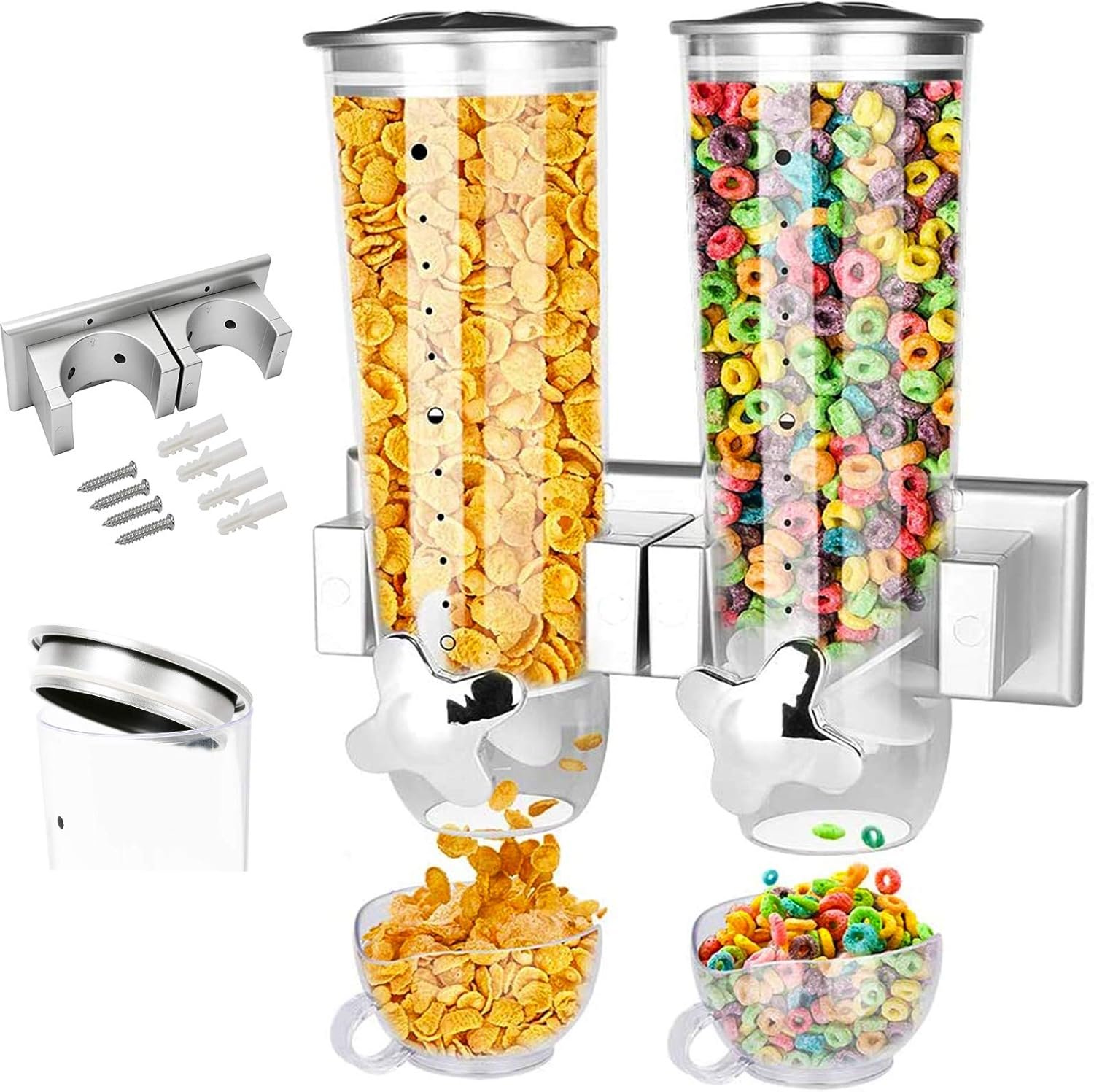 Food Dispensers Wall Mount, 2 Pack Dry Cereal Dispenser, Convenient Storage Dual Control for Cereal Nuts, Coffee Beans Trail Mix Candy Oatmeal Rice Pasta Candy Container, Cereals Bank 3L
