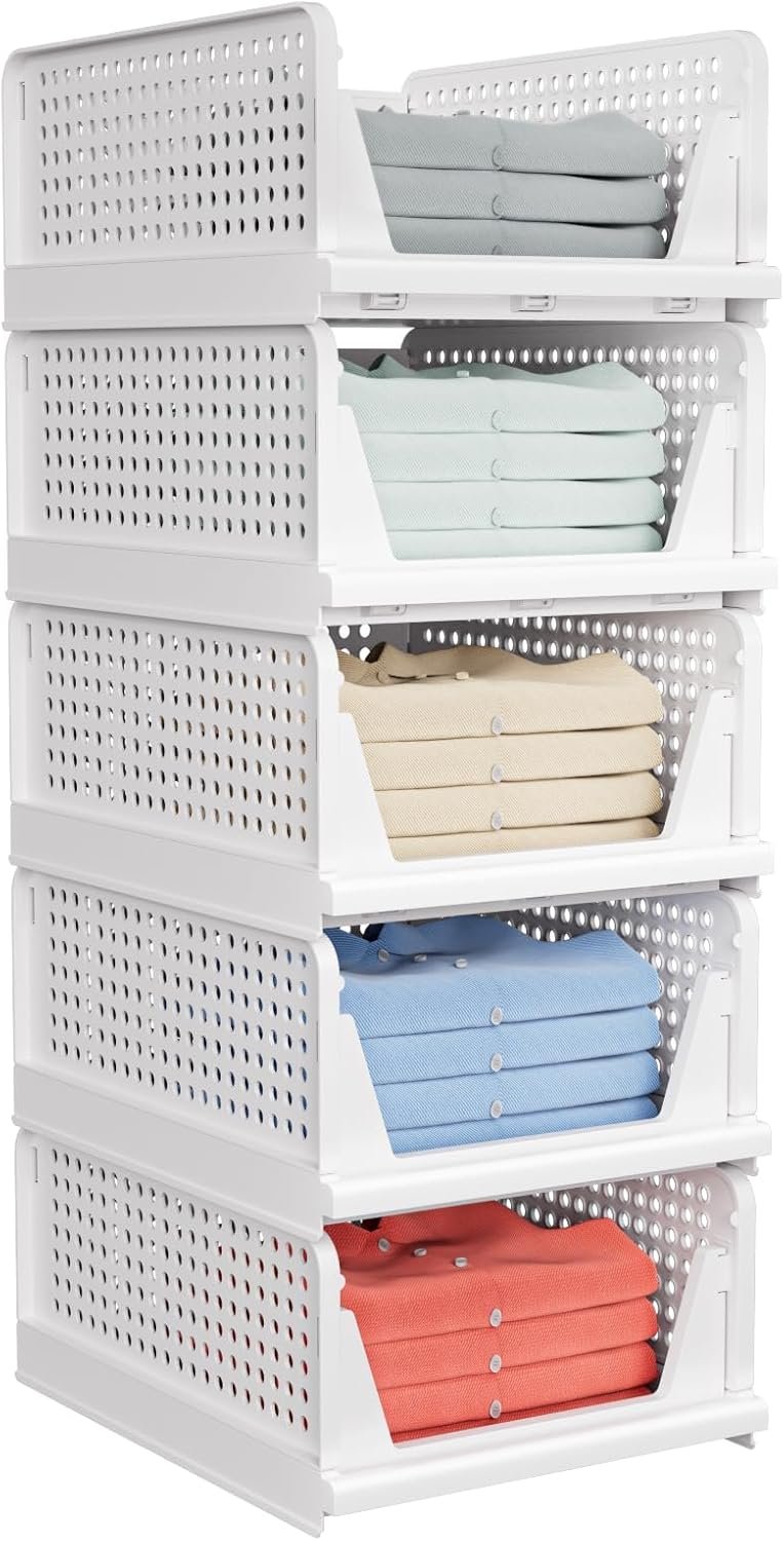 5 Pack Stackable Closet Storage Basket – Stackable Storage Bins | Multifunctional & Foldable Closet Organizer Waterproof, Wardrobe Cupboard Space-Saving Storage Drawer Organizer