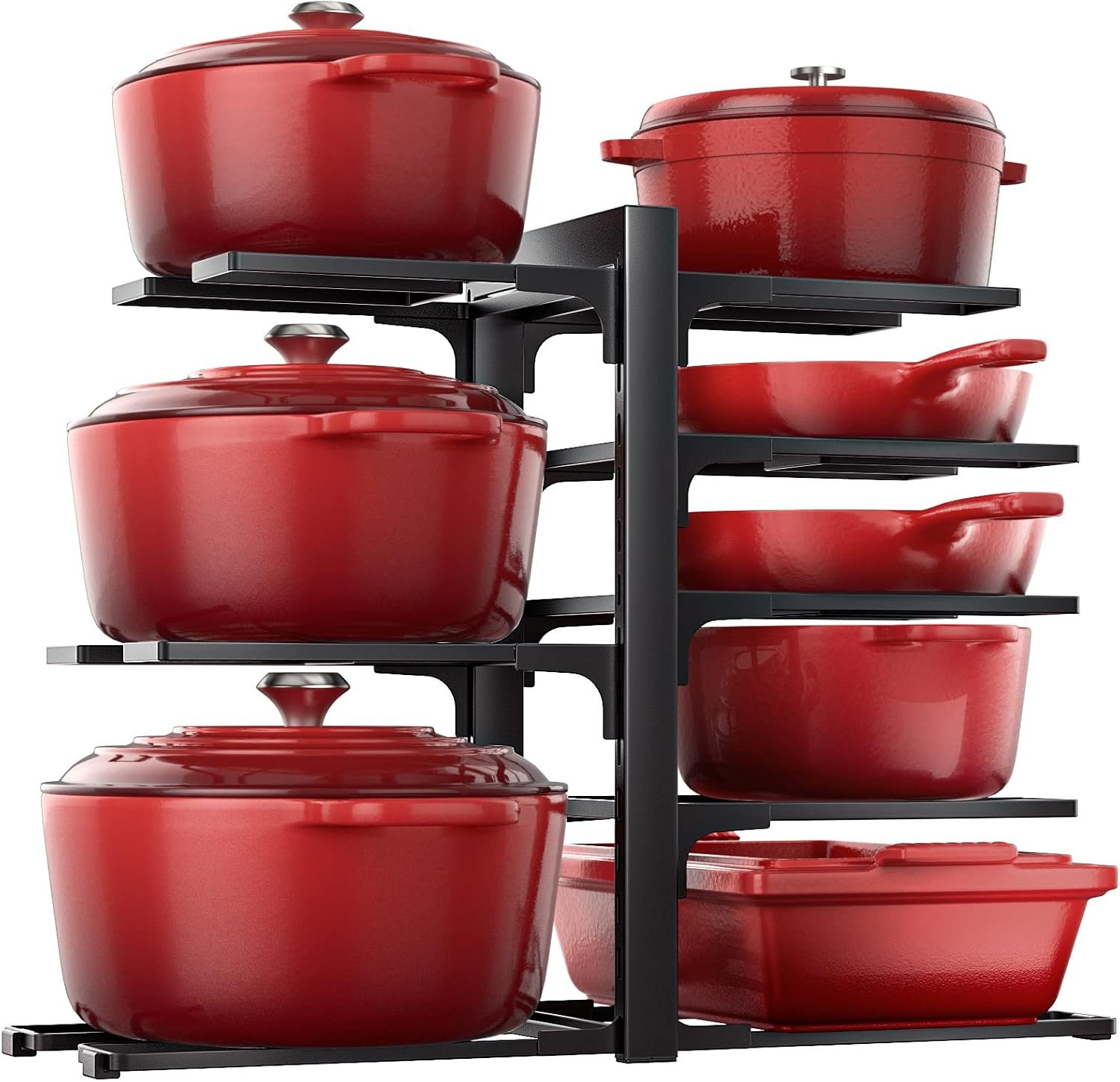 Pots and Pans Organizer Under Cabinet 15.8″, 8-Tier Adjustable Black | 2 DIY Modes, Tool-Free Assembly, Max 120 Lbs, Fits Cast Iron Pans, Dutch Ovens & Heavy Cookware, For Kitchen Cabinets