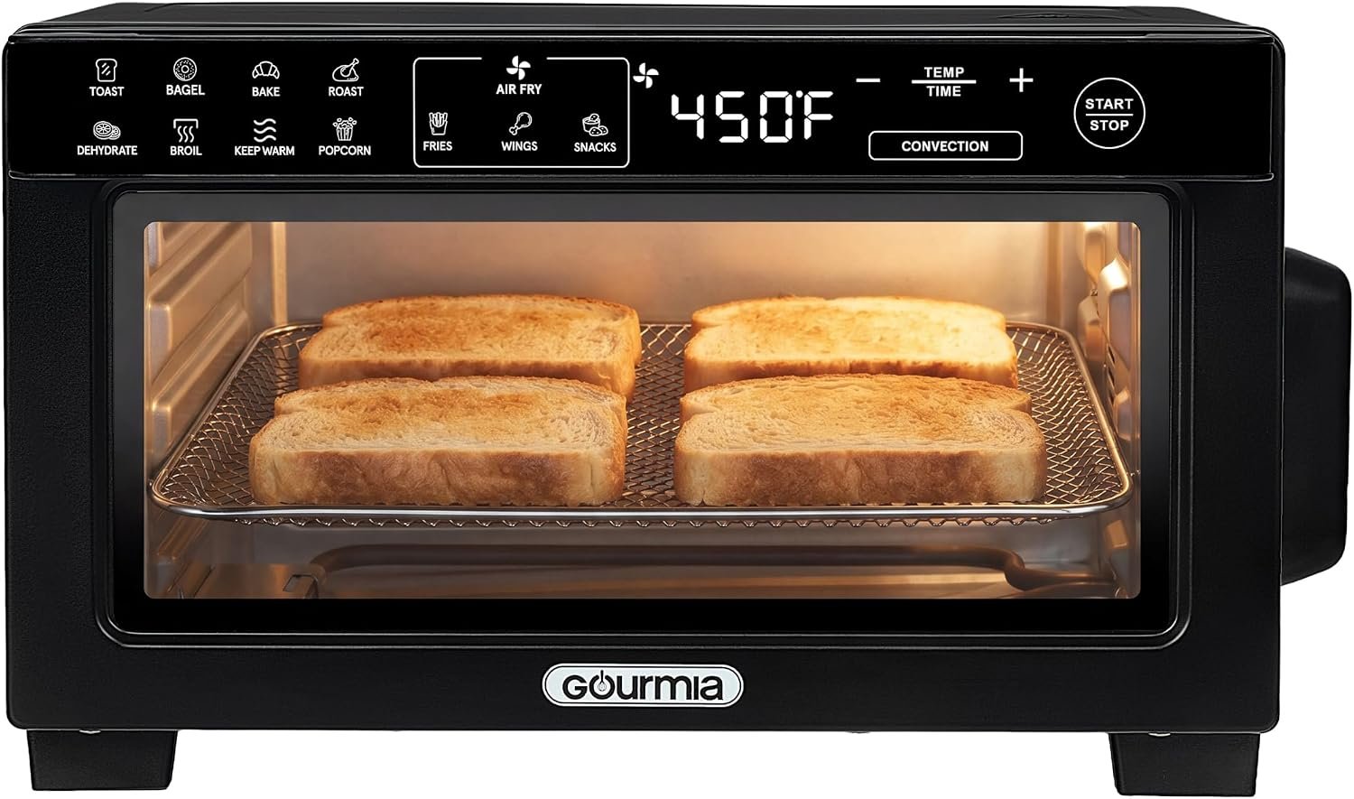 Gourmia Toaster Oven Air Fryer – 4 Slice Capacity, Single Door, Digital Display, Air Fry, Toast & Dehydrate, Convection Cooking, Fits 8” Pizza, 3 Rack Positions, Dishwasher-Safe Trays, Black