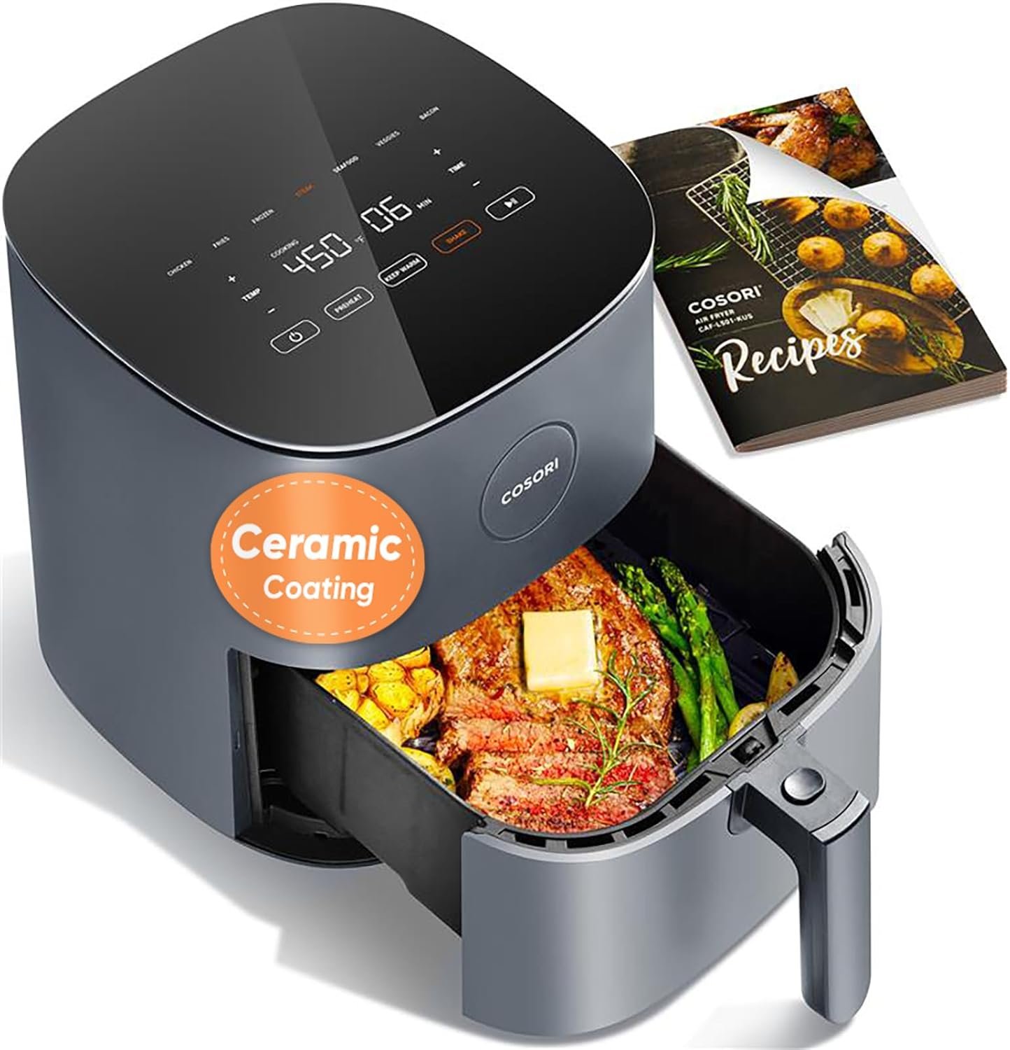 Cosori Air Fryer Pro LE 5 Qt, 9-in-1, Ceramic Coating, Shake Reminder, Grey | 7 presets with Reheat, Keep Warm, Max 450°F, 85% Less Oil, Touch control, LED glass panel, 130+ Chef-inspired Recipes, 1500W