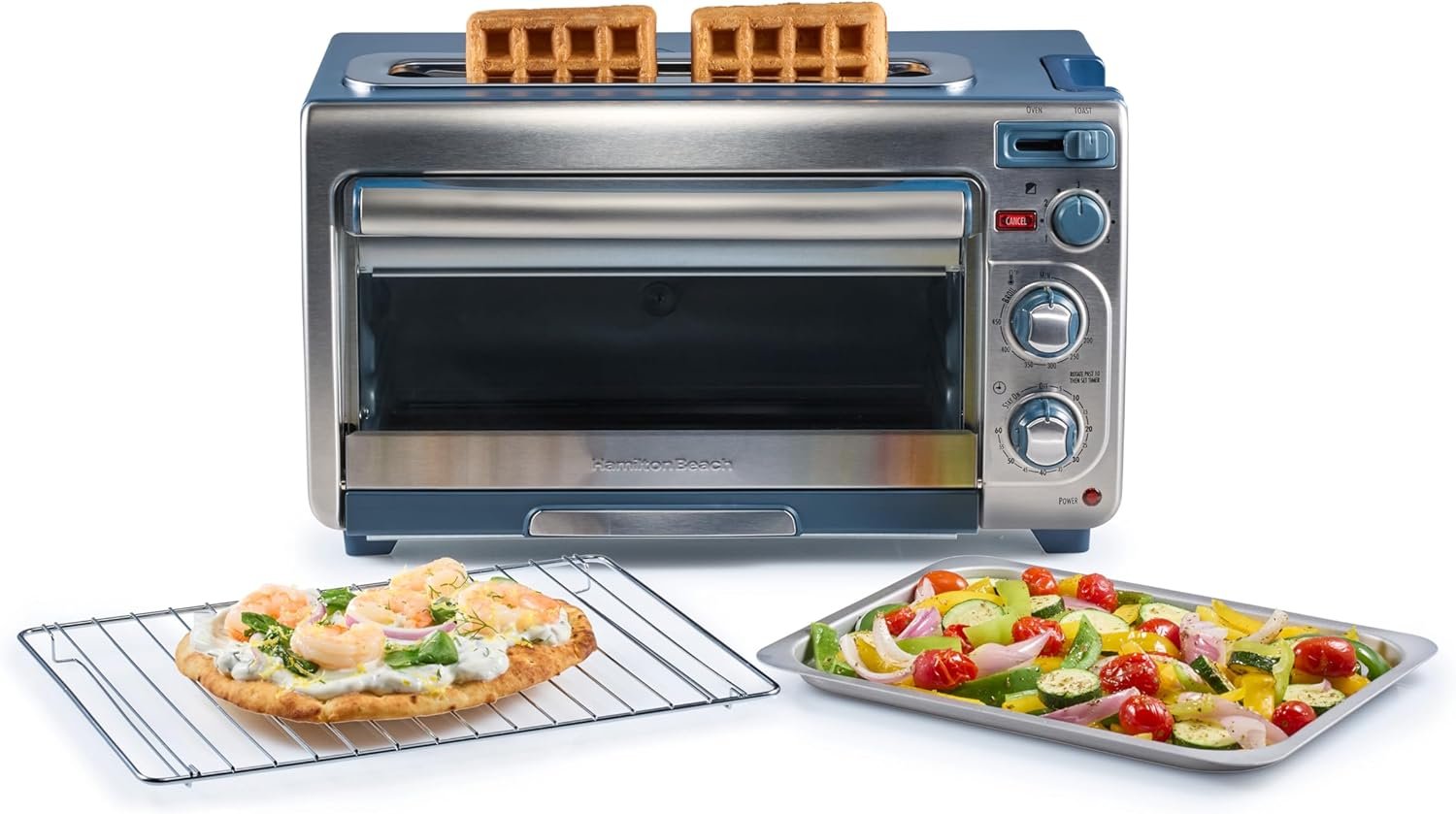 Hamilton Beach 2-in-1 Countertop Toaster Oven and Long Slot 2 Slice Toaster | Bake, Broil Toast | 2 Rack Positions | 60 Minute Timer | Automatic Shut Off | Shade Selector | Kitchen Makeover Blue | 31158J