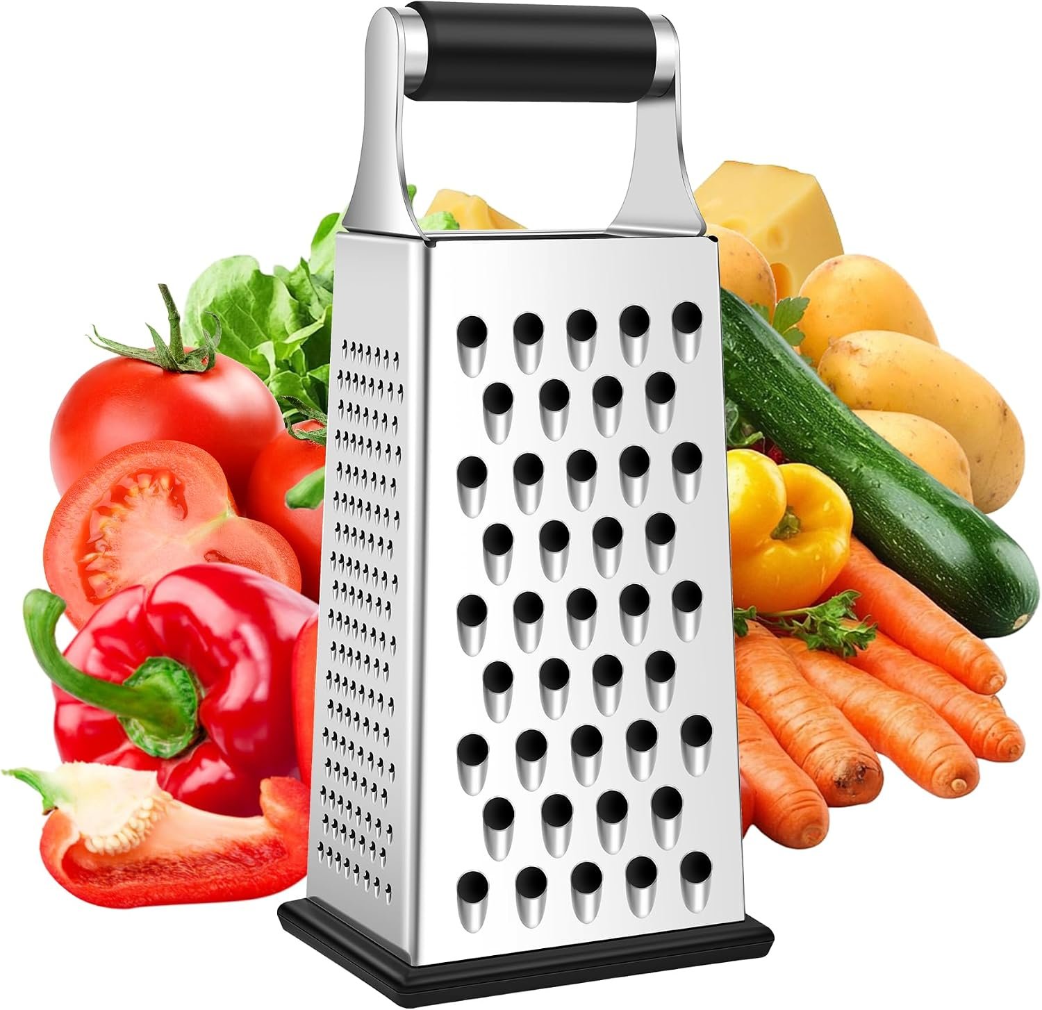 Supercenter Cheese Grater, Size 4-Sided Stainless Steel Box Grater, Food Shredder for Cheese, Parmesan, Vegetable, Dishwasher Safe, Black