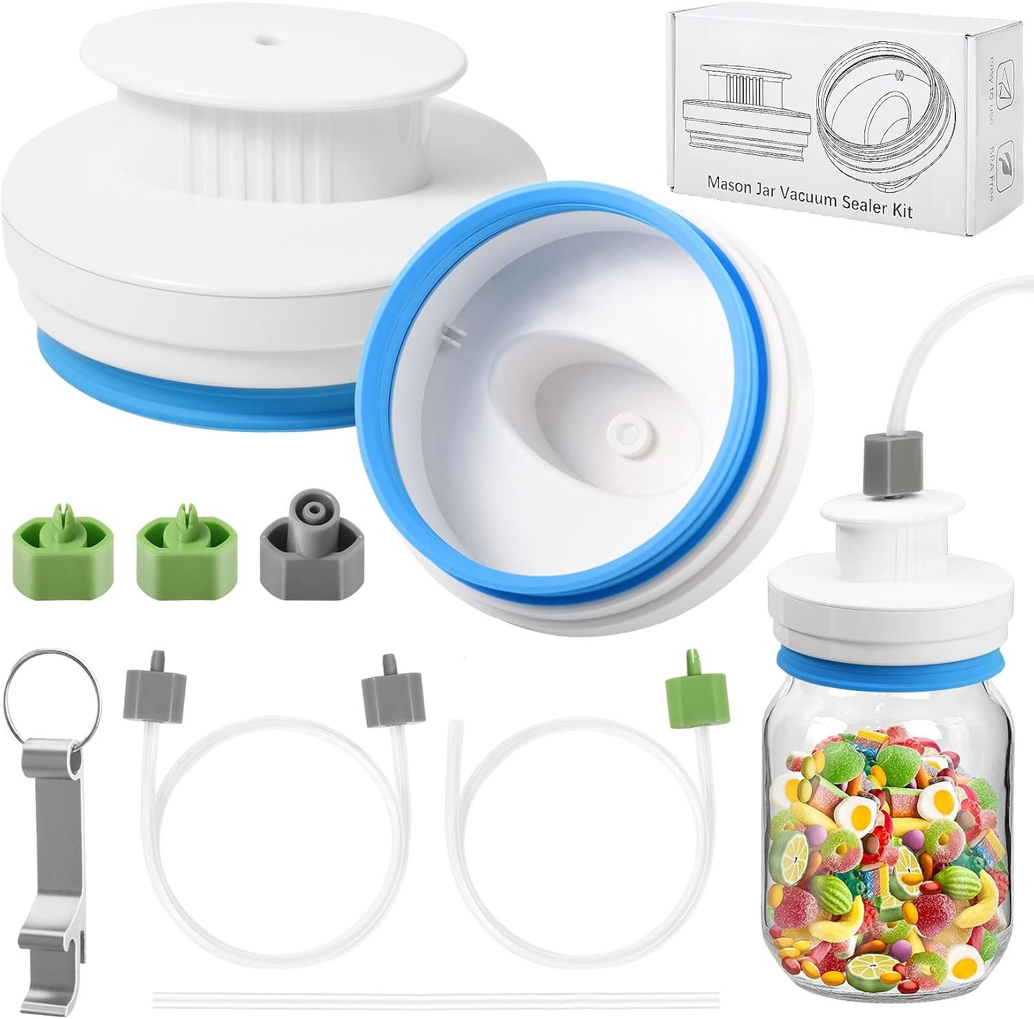 Upgraded Mason Jar Canning Sealer Kit – Sealer Set with Hoses Compatible with FoodSaver Vacuum Sealers – For Wide Mouth and Regular Mouth Jars (White)