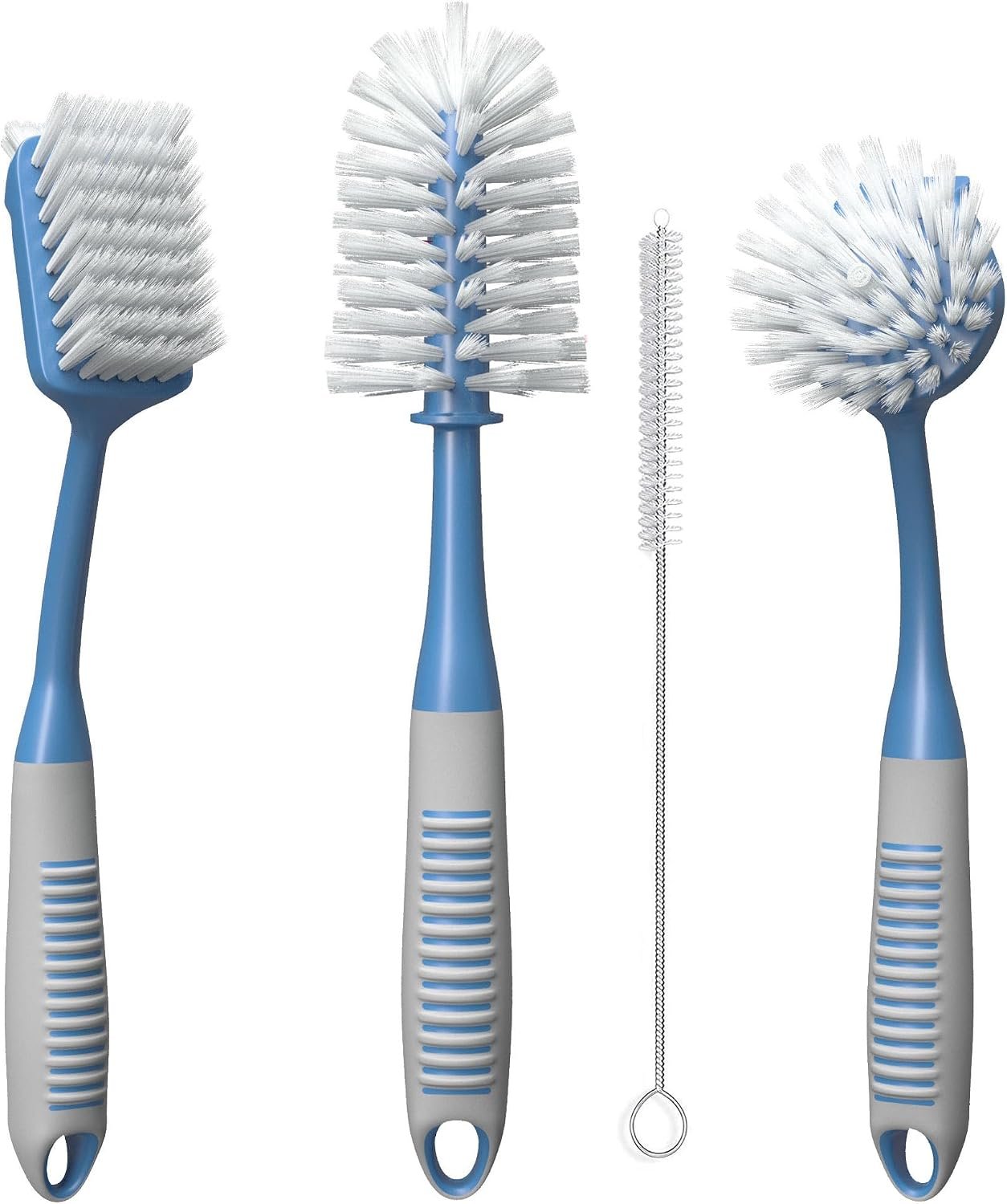 Dish Brush Set of 4 – Kitchen Scrub Brushes with Non-Slip Long Handle for Cleaning, Scrubber, Dishwashing, Dishes, Bottles, Straws, Cups, Pots & Sink, Blue