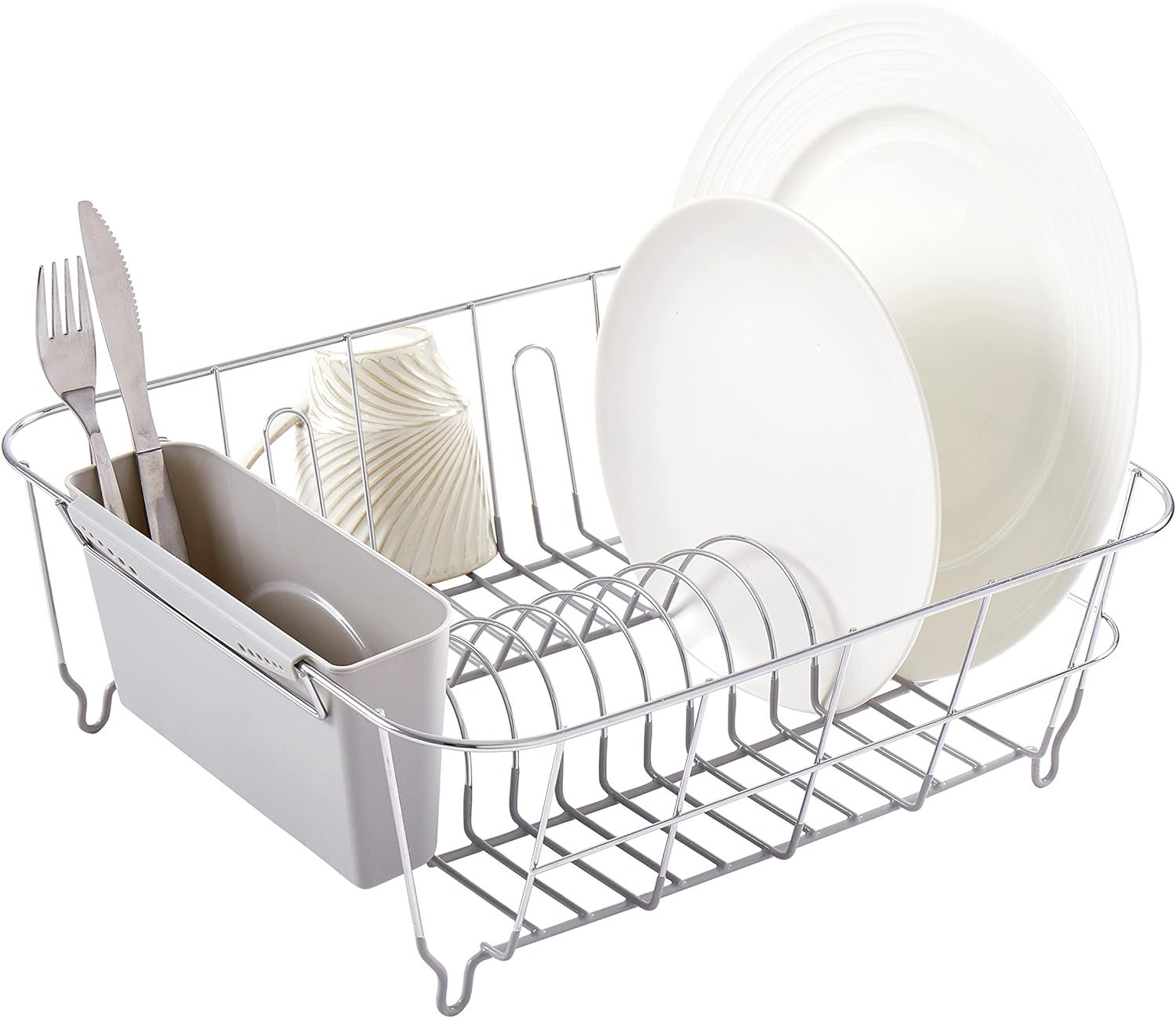 Dish Drying Rack & Cutlery Holder 2 Piece Set – Compact Sink-Fitting Dish Drainer with Rubberized Undercoating, Space-Saving Kitchen Organizer for Plates, Cups, Bowls & Utensils in Sink, Silver