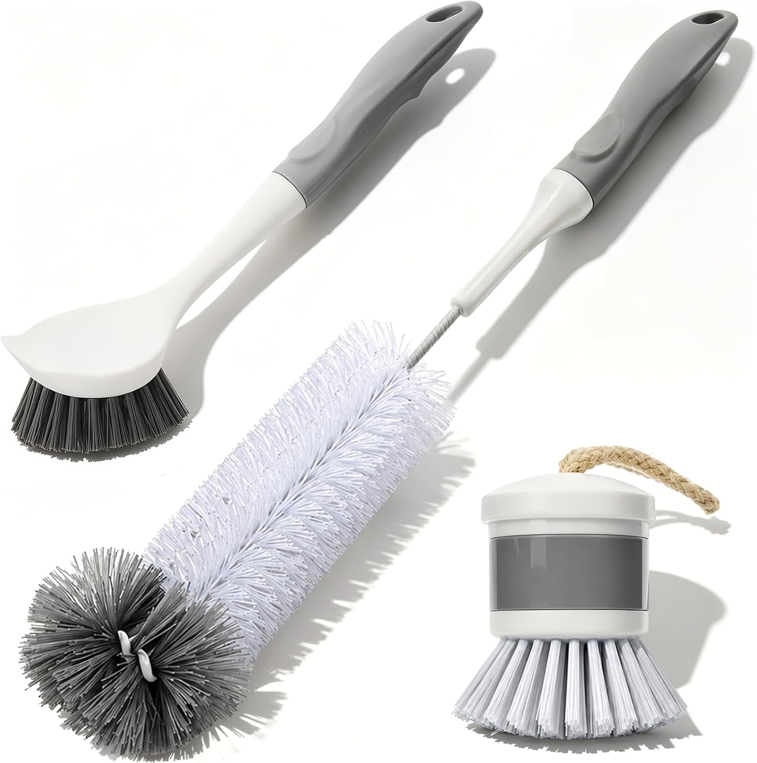 3 Pack Kitchen Cleaning Brush Set, Dish Brush, Extra Long 14.3 inch Bottle Brush and Palm Scrub Brush for Dishes, Bottles, Cups, Pots, Pans and Sink, Non-Scratch Bristles