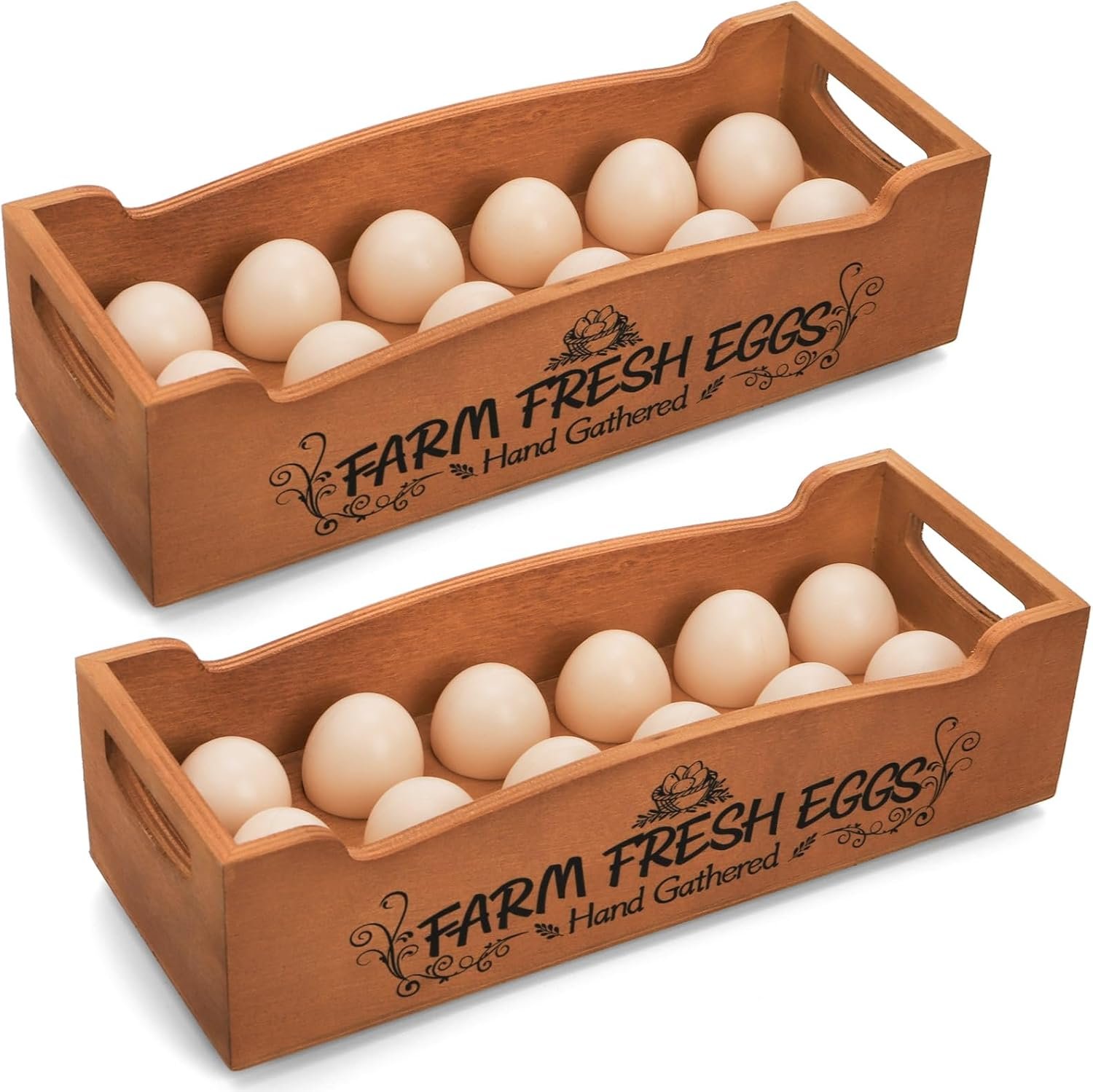 Wooden Egg Holder for Countertop, Stackable 2-Tier Egg Crates for 24 Eggs with Handle, Farmhouse Rustic Pinewood Egg Storage Box with “Farm Fresh Eggs” Print, No Assembly Needed