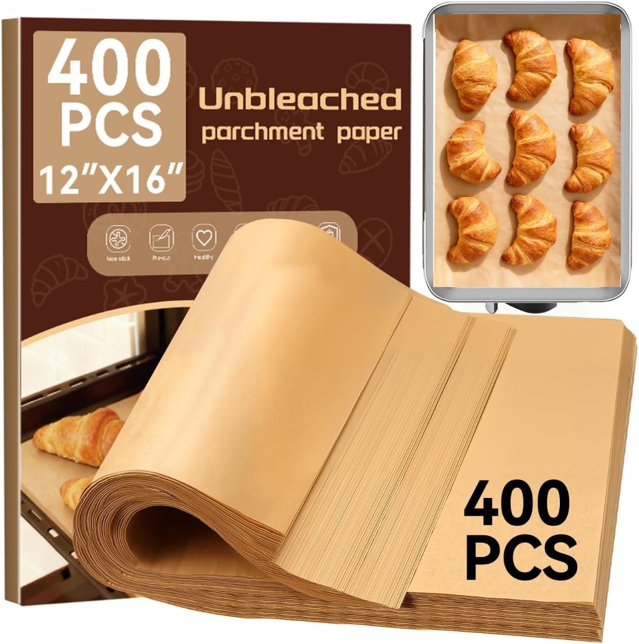 YUANYE 400PCS Parchment Paper Baking Sheets, 12″x16″ Unbleached Precut Half Parchment Paper for Baking, Non-Stick Baking Paper for Baking, Grillin, Steaming Bread Cookies, Oven, Air Fryer, Microwave