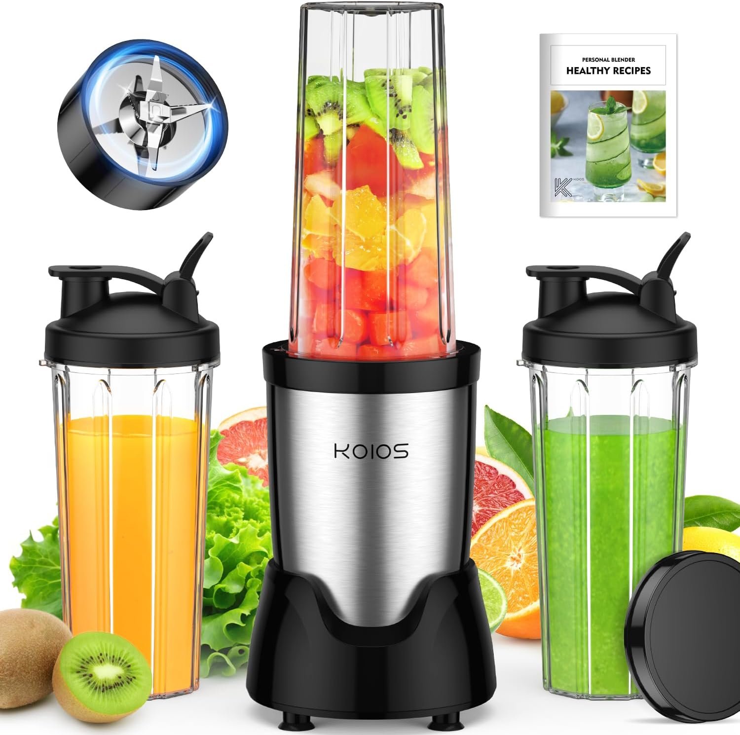 KOIOS Personal Blender for Smoothies with 3 x 22oz To-go Cups, BL319B Black | 22000 RPM Detachable Blade Countertop Blenders for Kitchen. Ideal for Baby Food, Protein Shakes, Ice Crushing & Fresh Juice