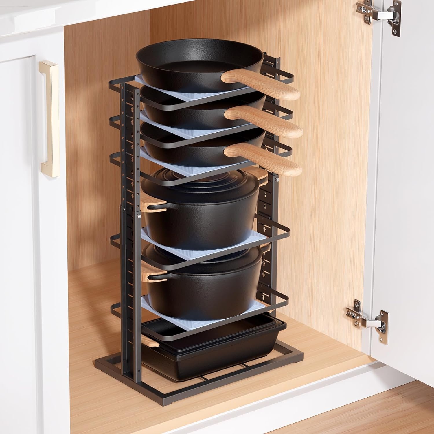 LAMU Pots and Pans Organizer for under Cabinet, 6-Tier Heavy Duty Pan Pot Organizers inside Cabinet Adjustable 14 to 24.57″, Pot Rack Kitchen Cabinet Organization and Storage Holds up to 12″ Cookware