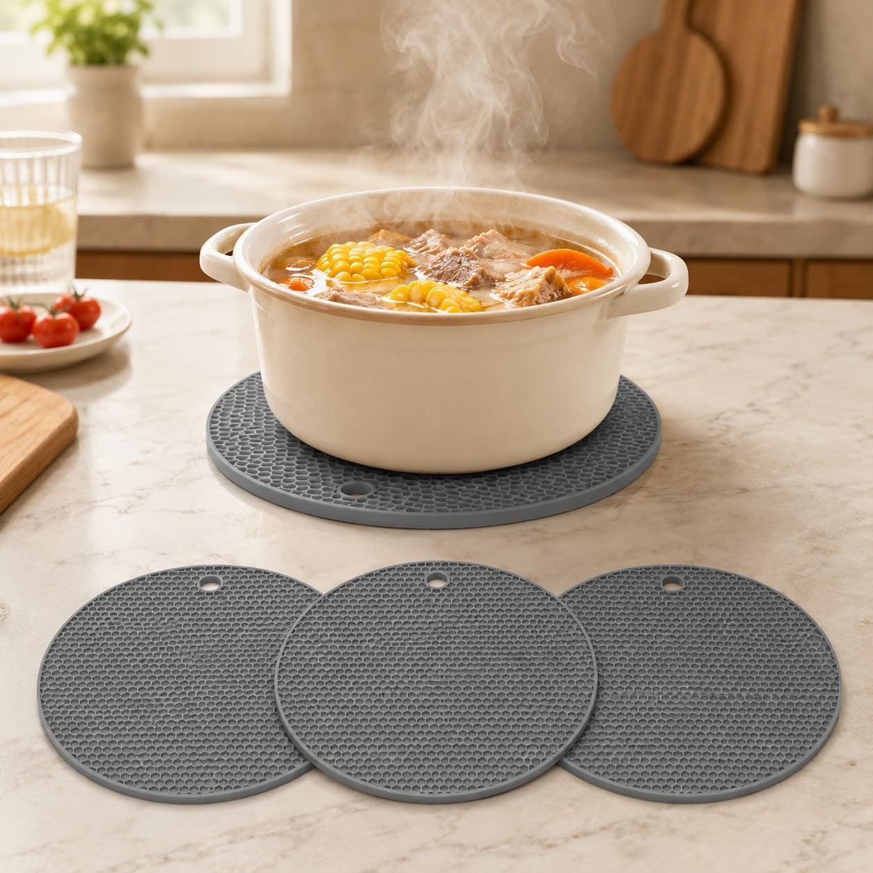 3 Pcs Silicone Trivet Mats, Non-Slip Heat Resistant Round Silicone Hot Pads for Kitchen Countertops, Pots & Pans, Fondue, Can Openers, and Spoon Rests