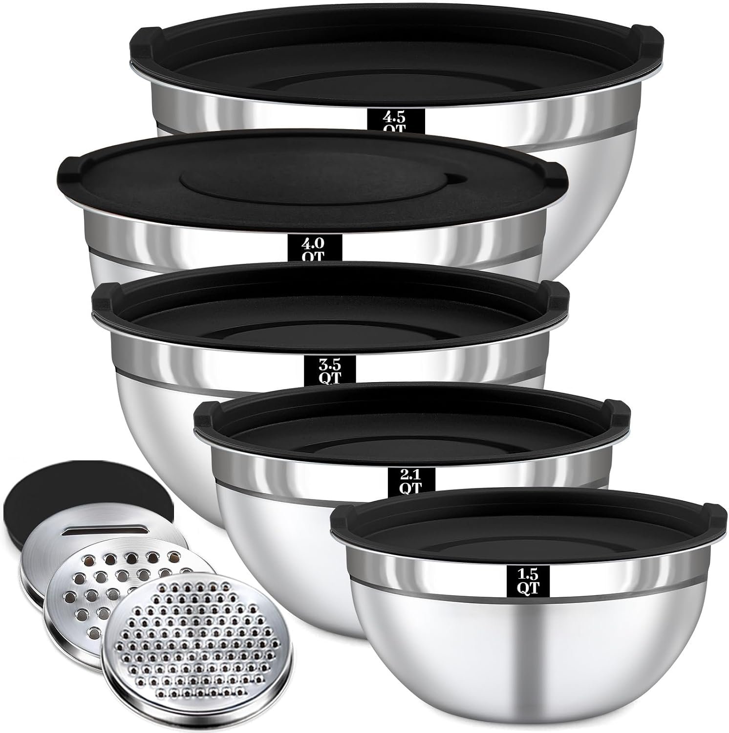 8PCS Mixing Bowls with Lids Set – 5 Nesting Mixing Bowls, 3 Grater Attachments, Lids, Stainless Steel Mixing Bowls for Mixing & Serving, Size 1.5/2.1/3.5/4/4.5 QT, Black