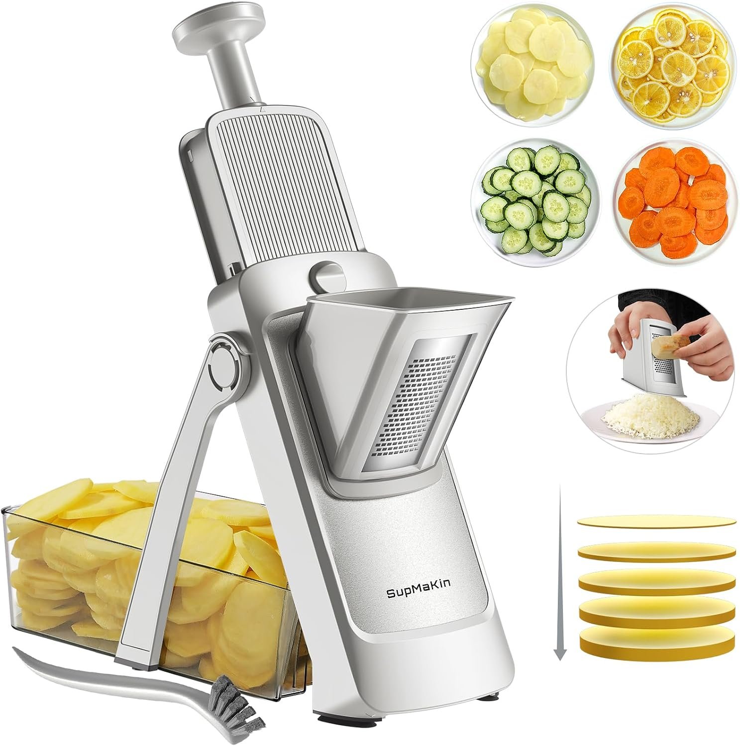 SupMaKin Safe Mandoline Slicer Plus, Adjustable Potaot slicer 1-8 mm | Vegetables Fruits Slicer with Container Grater, Stainless Steel Blade,Faster Slicer Artifact Kitchen Gadgets Dishwasher Gifts