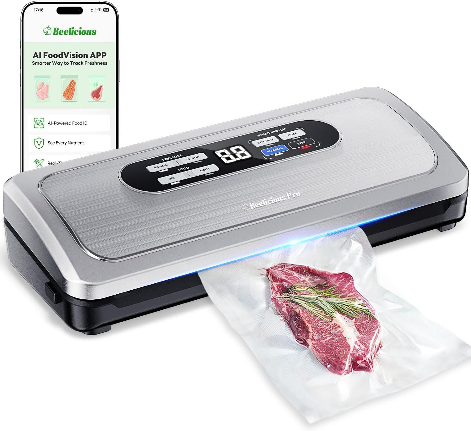 Vacuum Sealer Machine with AirLock ProSeal System, 10-in-1 Vacuum Sealer for Food, Moist/Dry Sealing Modes, Compact Design with Digital Timer, Built-in Cutter & Roll Storage, Silver-Grey