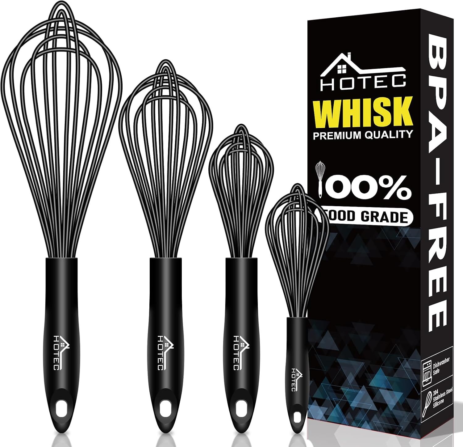 HOTEC 4 Pieces Silicone Whisks Set, Wire Balloon Whisks for cooking Egg Beater, Non-slip Handle Whisk for Non-stick Cookware Perfect for Cooking, Stirring, Beating and Blending,Black