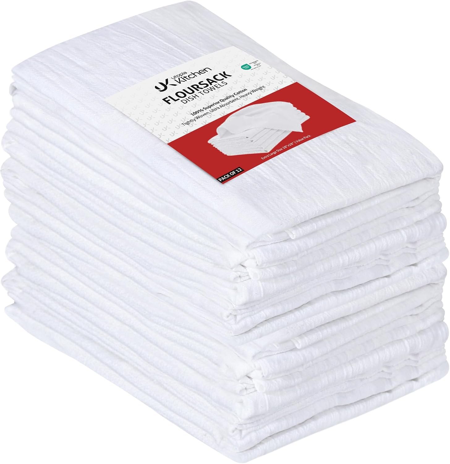 Utopia Kitchen White Flour Sack Towels [12 Pack – 28 x 28 Inch] 100% Cotton | Tea Towels for Cleaning & Drying – Highly Absorbent Kitchen Dish Cloth
