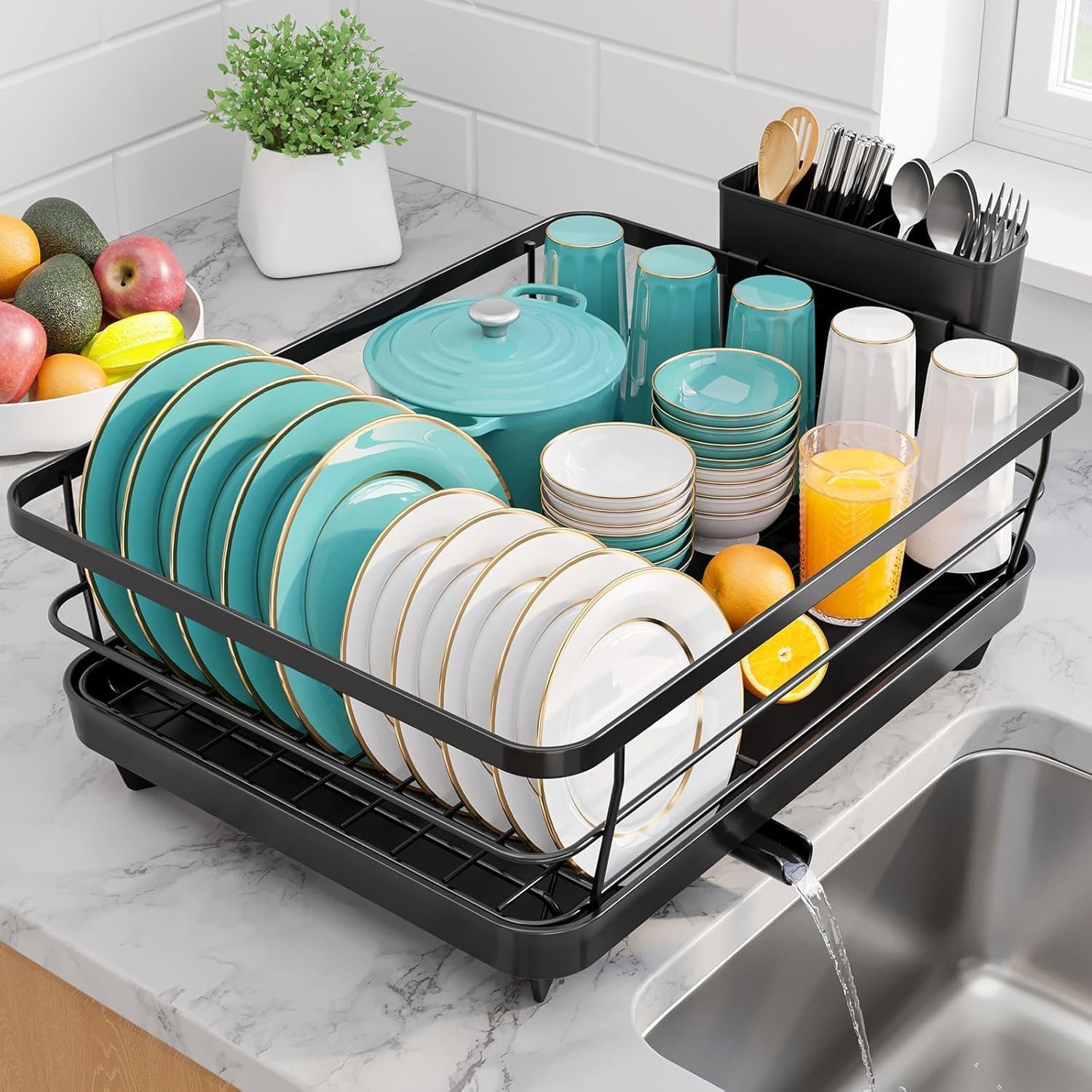 Sakugi Dish Drying Rack – Stainless Steel Dish Rack with Drainboard for Kitchen Counter and Sink, 15.6″ D x 12″ W x 5″ H, Black