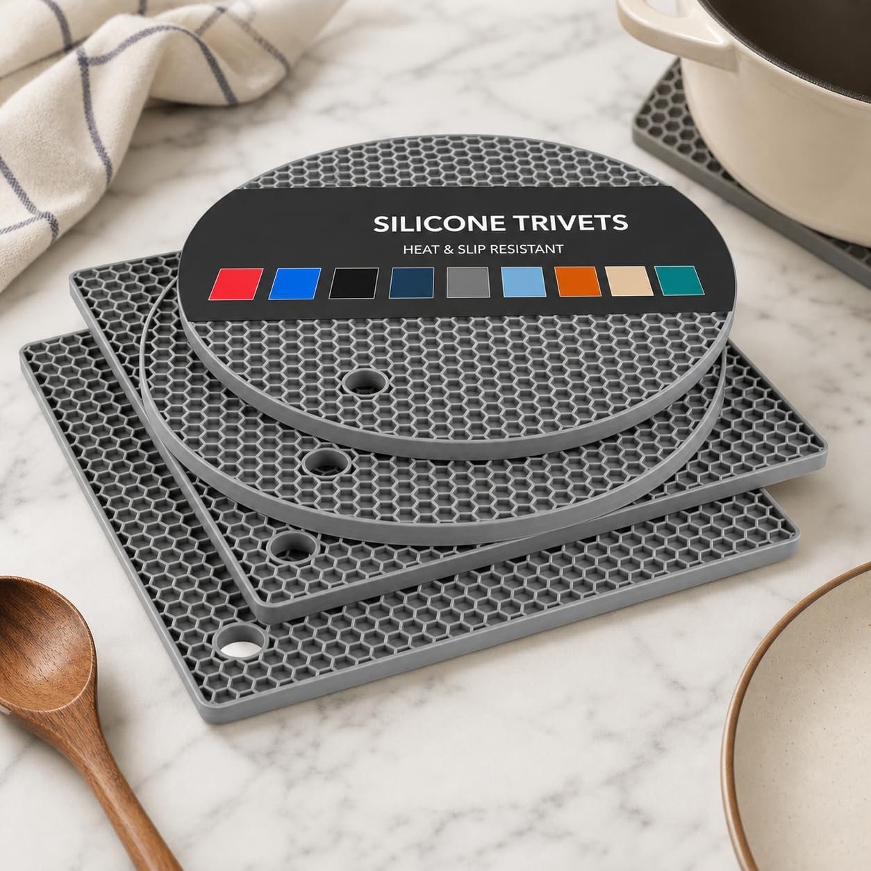 4 Pcs Silicone Hot Pads and Trivets Set for Pots and Pans, Heat Resistant Kitchen Countertop Protectors, Flexible Mats with Honeycomb Design, Gray (2 Round + 2 Square)