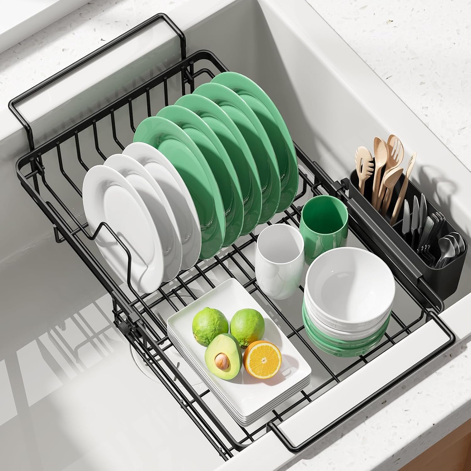 Kitsure Expandable in-Sink or Over-Sink Dish Drying Rack, Large, Black | Rust-Resistant Dish Rack for Kitchen Counter, Dish Drainer with Cutlery Holder, 10.82″-17.12″ L x 11.02″ W x 3.93″ H