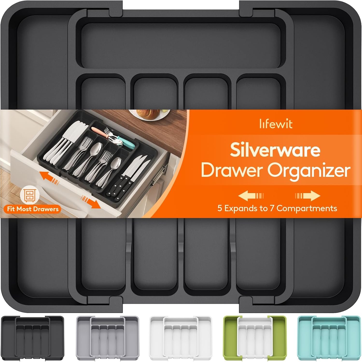 Lifewit Silverware Drawer Organizer, Expandable Utensil Tray for Kitchen, BPA Free Flatware and Cutlery Holder, Adjustable Plastic Storage for Spoons Forks Knives, 8.9-14.7 x 12.2″, Black