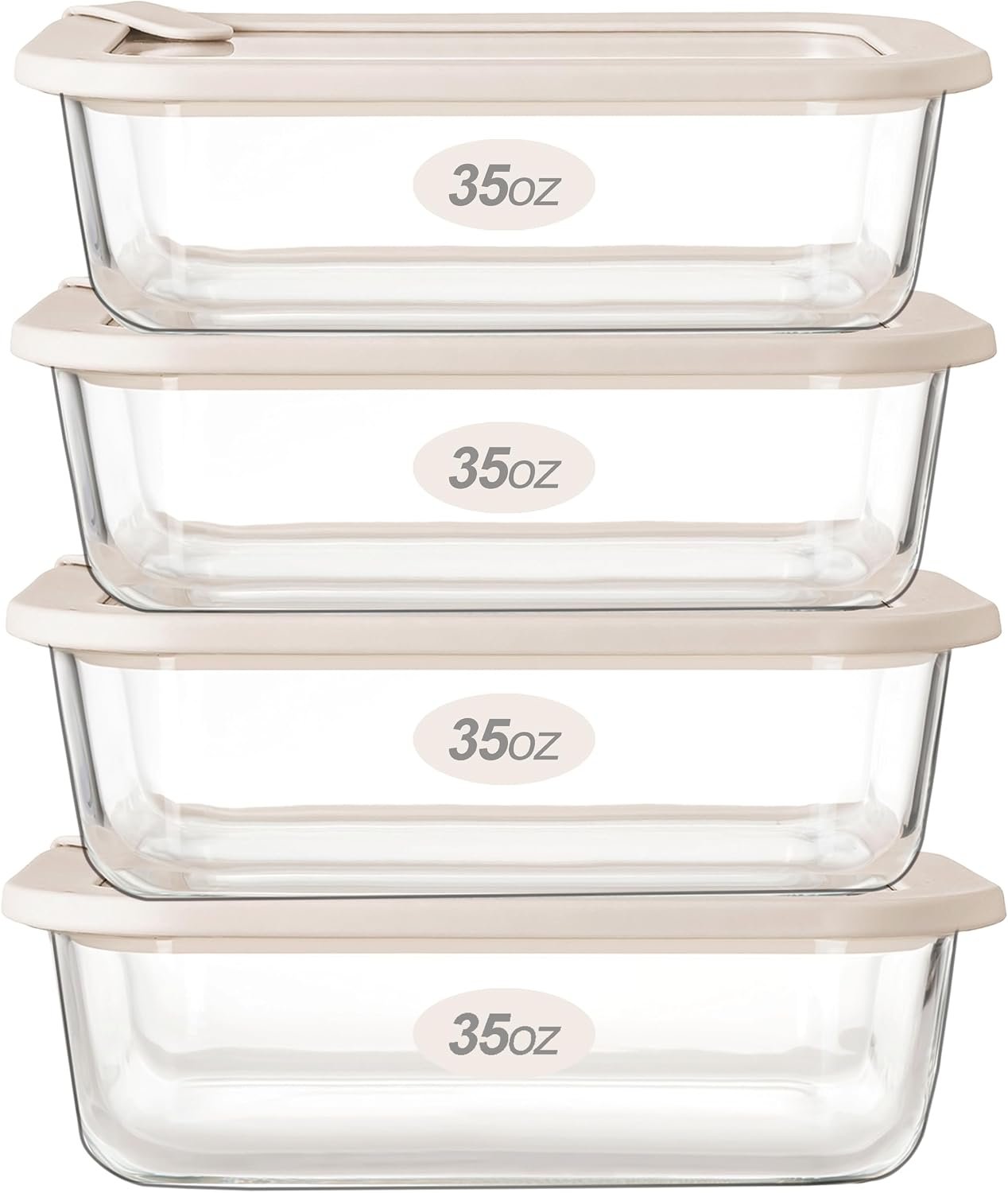 Glass Food Storage Containers with Glass Lids, Microwave Safe Food Container Set, Airtight Food Container Set, LeakProof, 100% Plastic Free, White Color, 4pack