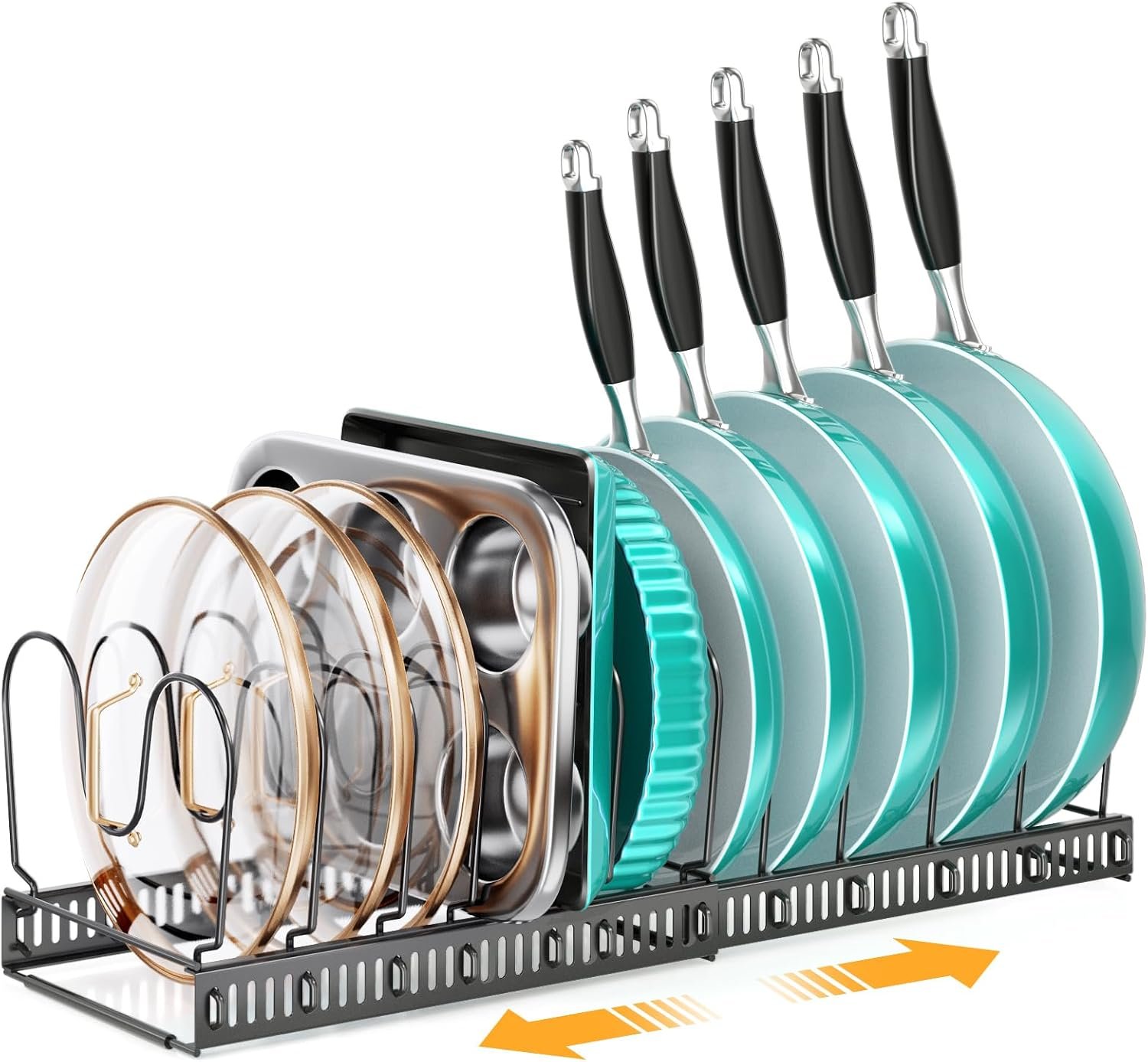 MUDEELA Expandable Pot Pan Lid Organizers inside Cabinet, 12 Divider-Black | Expandable 11.8–22.9″, 12 Adjustable Divider, Tool-Free Assembly, Non-Slip, Scratch-Proof, For Pan Lid Cutting Board Bakeware