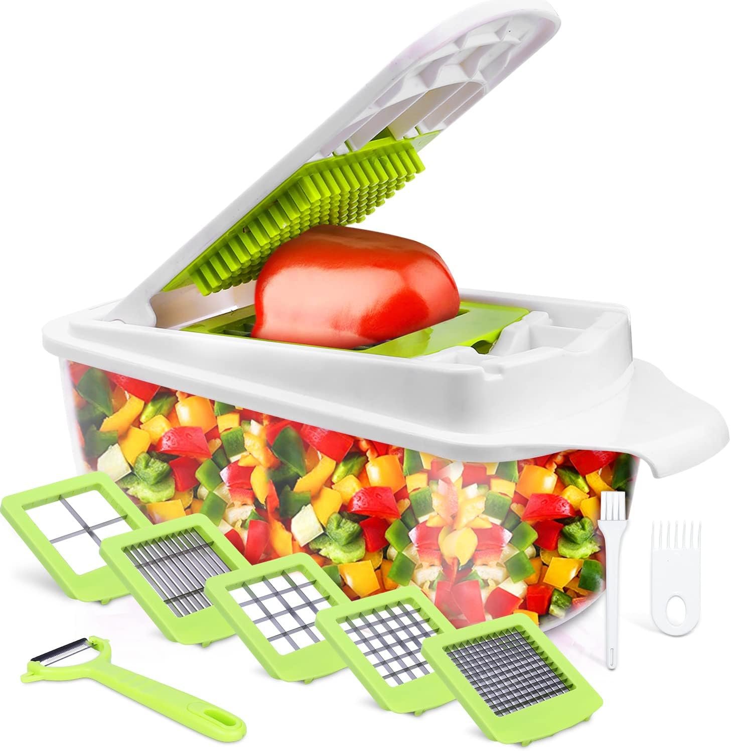 Vegetable Chopper, Food Dicer Chopper, Mandoline Slicer Veggie Cutter | 12 in 1 Food Chopper with Container, Onion Fruit Potato Salad Dicer, Meal Prep for Kitchen, 5 Blades, Light Green