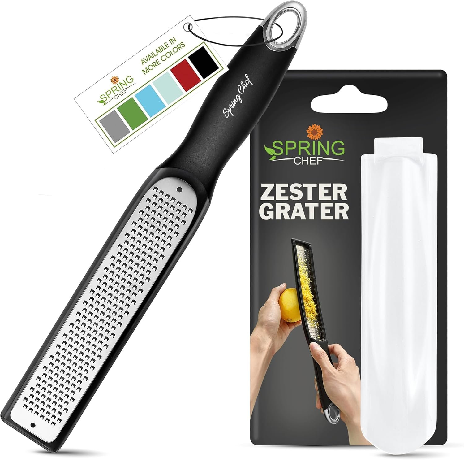 Spring Chef Stainless Steel Lemon Zester – Garlic & Ginger Grater – Black | Premium Zester with Blade Cover, Cheese Grater with Handle for Parmesan, Nutmeg, Lime – Durable Citrus Zester – Fine Shred